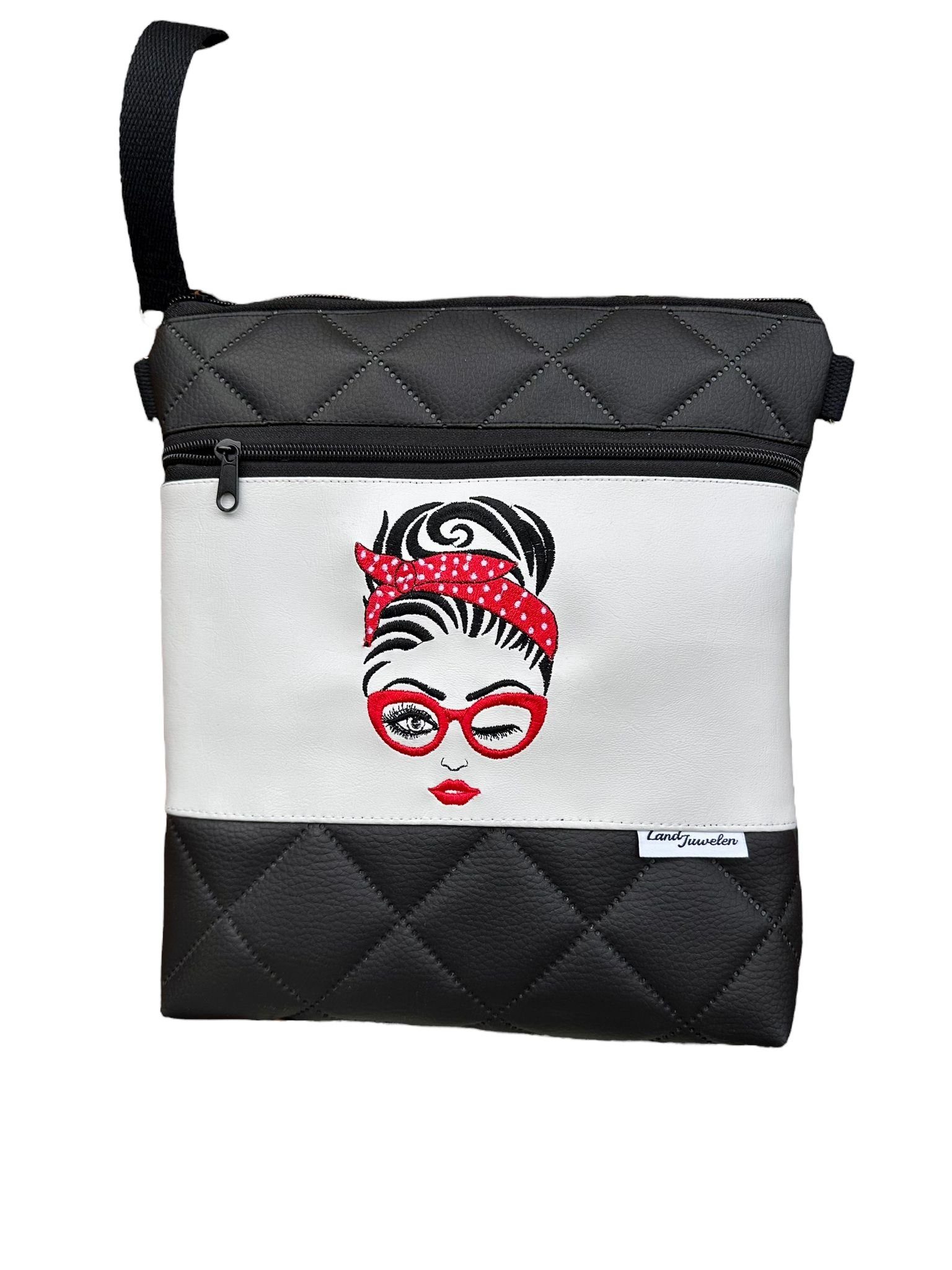 Land-Juwelen Schultertasche Bestickte Umhängetasche schwarz weiß Frau, Bestickte Vorderseite