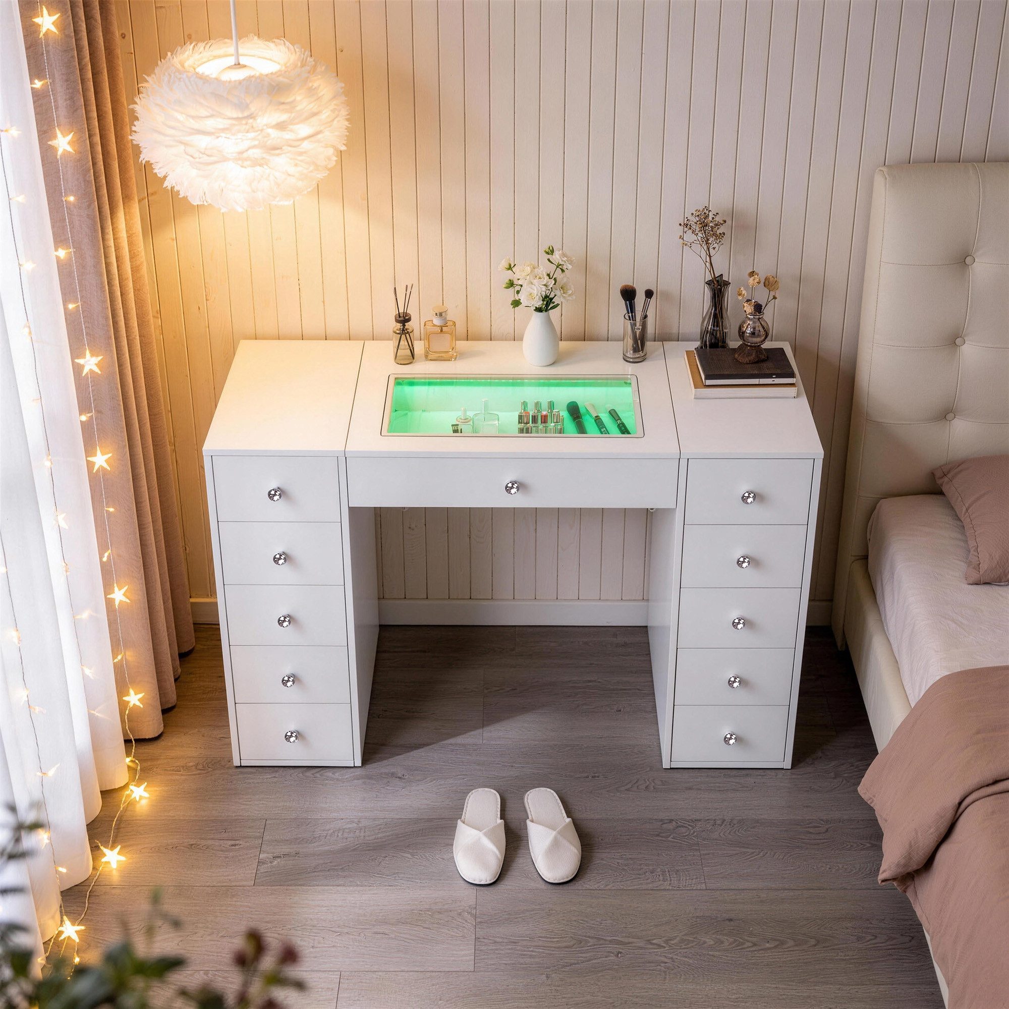 FENCHILIN Schminktisch mit LED,einstellbare Helligkeit, mit 11 Schubladen,weiß, 130/55/81 cm (1-St), mit LED-Beleuchtung,einstellbare Helligkeit