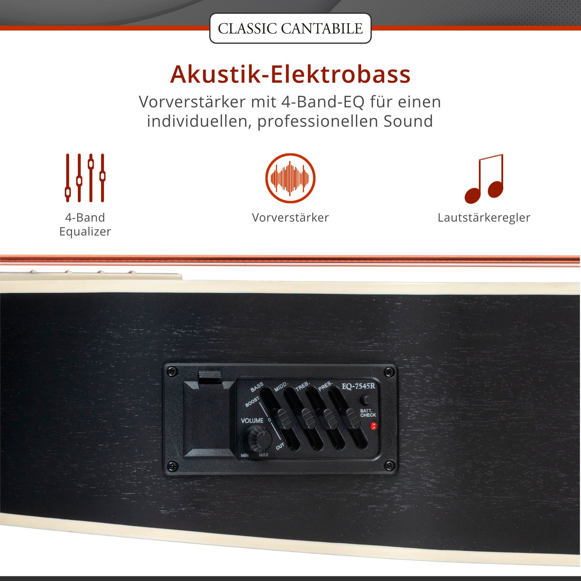 Classic Cantabile Akustik-Bass ABJ4-50CE Jumbo Akustik Bass - mit Tonabnehmer, Jumbo mit Cutaway, Medium Scale-Akustikbass mit Tonabnehmer