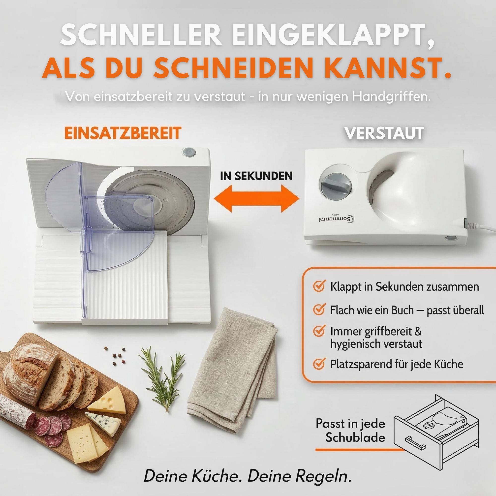Sommertal Allesschneider AS170 150W Edelstahlmesser mit Wellenschliff, 0-15mm, klappbar, elektrische Schneidemaschine Brotschneidemaschine weiß – Bild 5 von 5