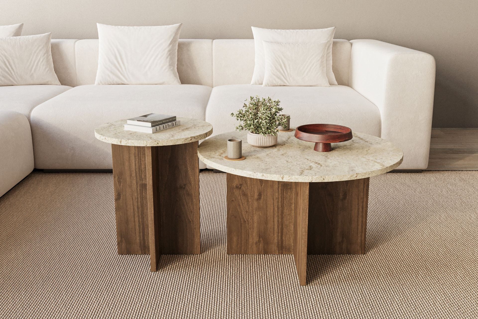 Skye Decor Couchtisch Siam Private (Set, 2-St., 2er Set mit zwei unterschiedlich großen), Travertin -Walnuss, Boho