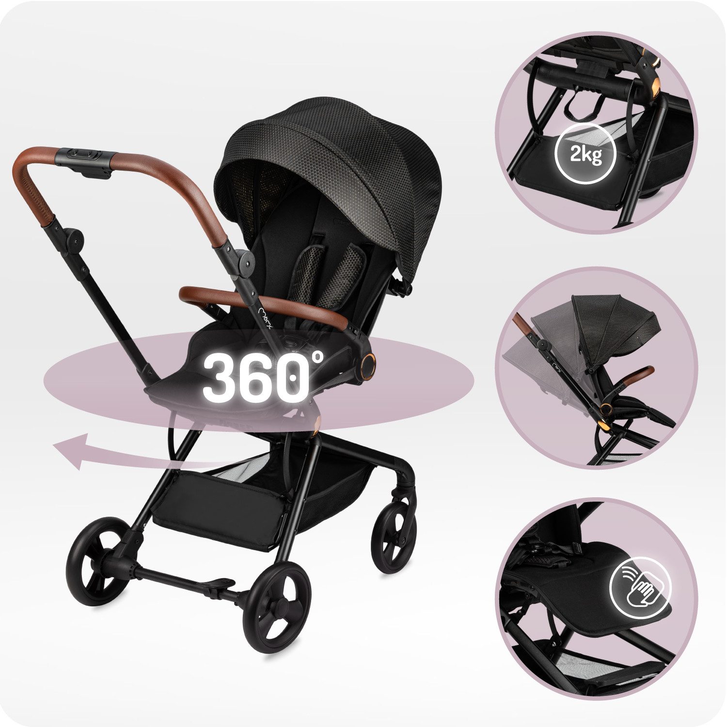MoMi Kinder-Buggy Adelle, 360° drehbarer Sitz & beidseitige Fahrtrichtung