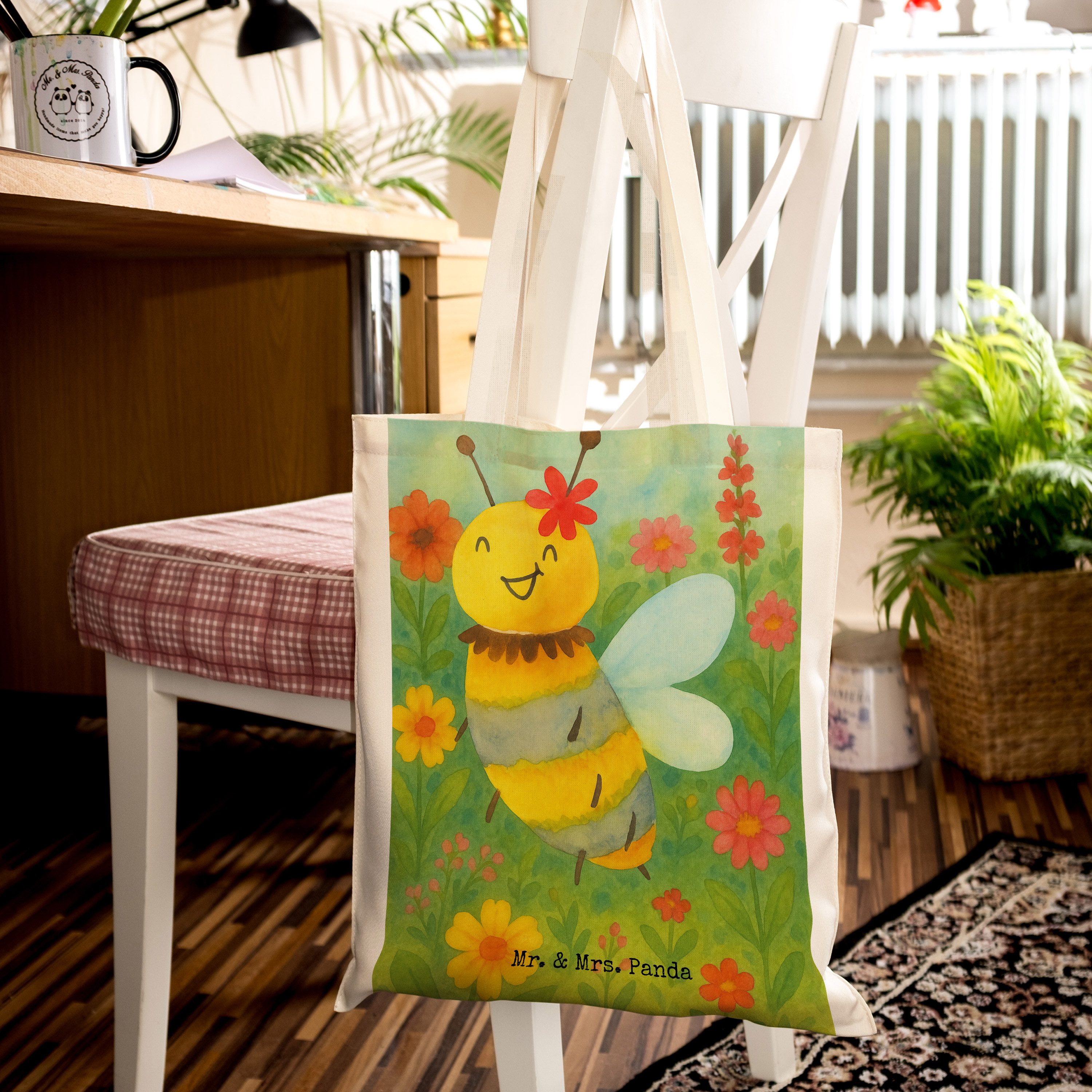 Mr. & Mrs. Panda Tragetasche Biene Blume Design, Tote Bag, Weiß, tragetasche baumwolle, Büchertasc (Packung), universaltasche canvas tasche henkeltasche baumwolle