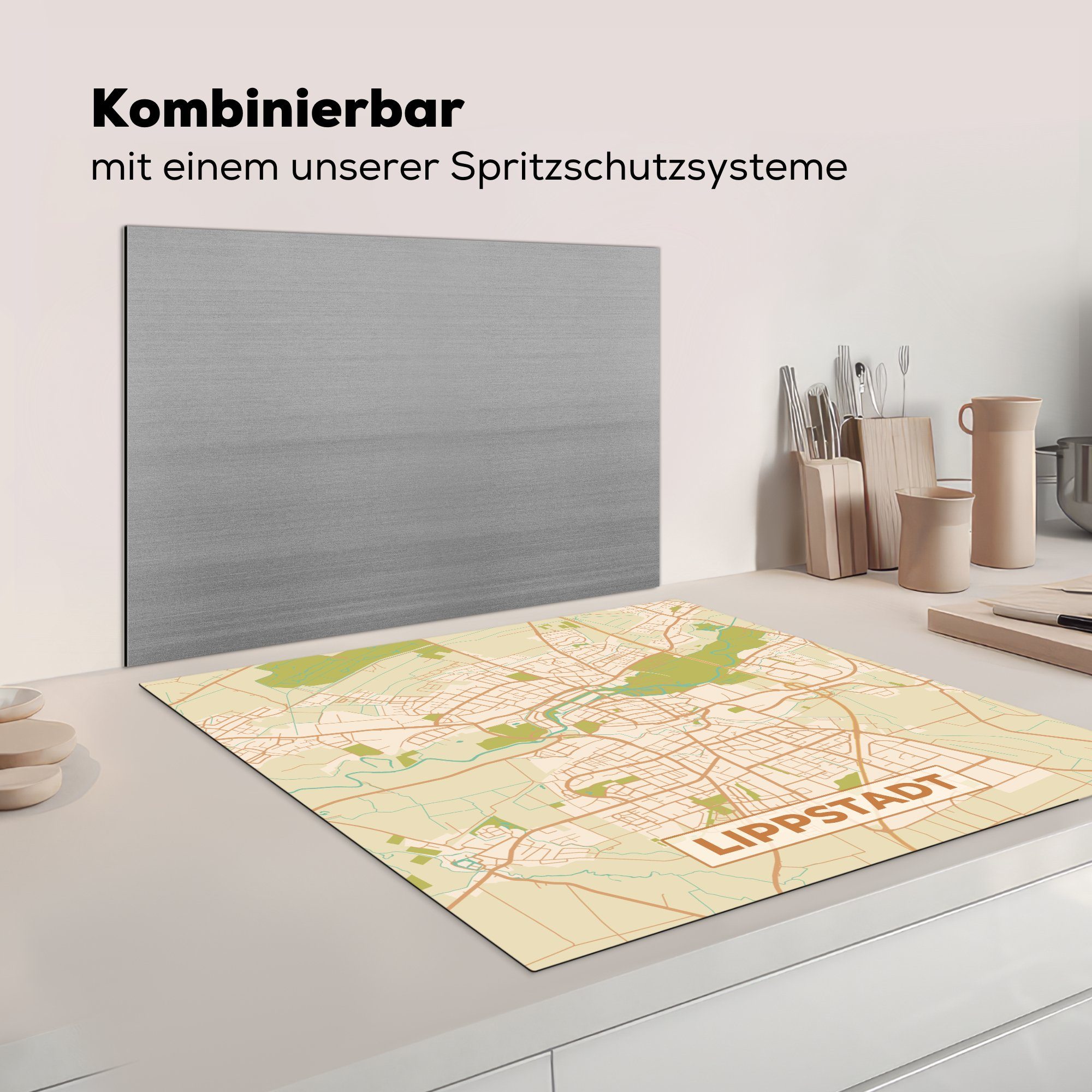 tlg), küche Vinyl, - Karte Karte Ceranfeldabdeckung, - Arbeitsplatte (1 cm, Herdblende-/Abdeckplatte Stadtplan MuchoWow für Vintage, 78x78 Lippstadt - -