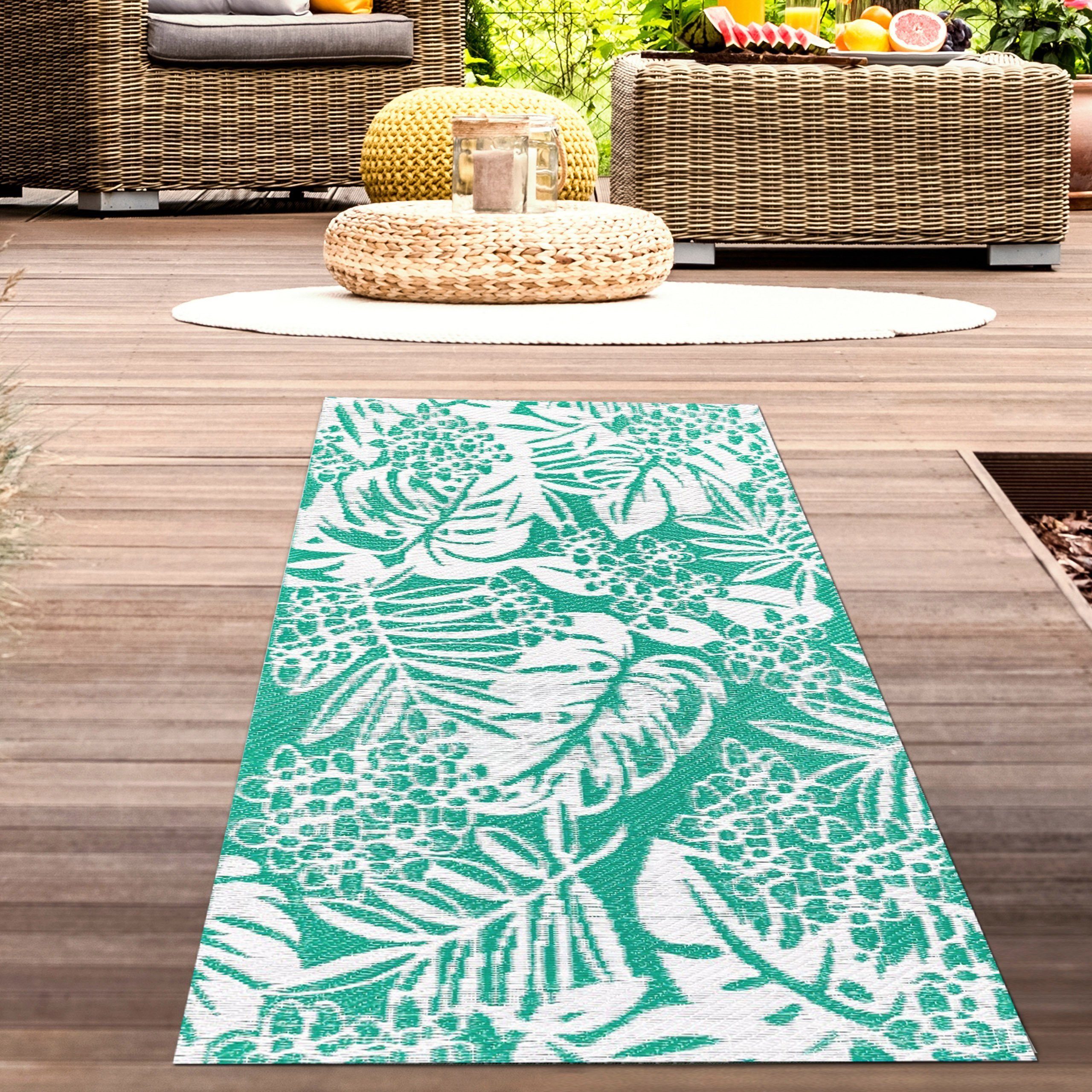 Carpetia Outdoorteppich Wasserfester Outdoor-Teppich mit tropischem Design in petrol, rechteckig