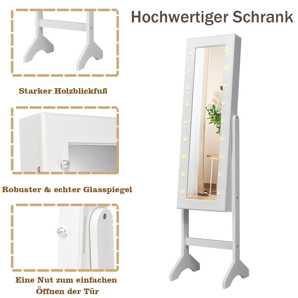 LED Weiß mit und 35×31,5x145cm neigbar, Schmuckschrank stehend, Spiegel, COSTWAY