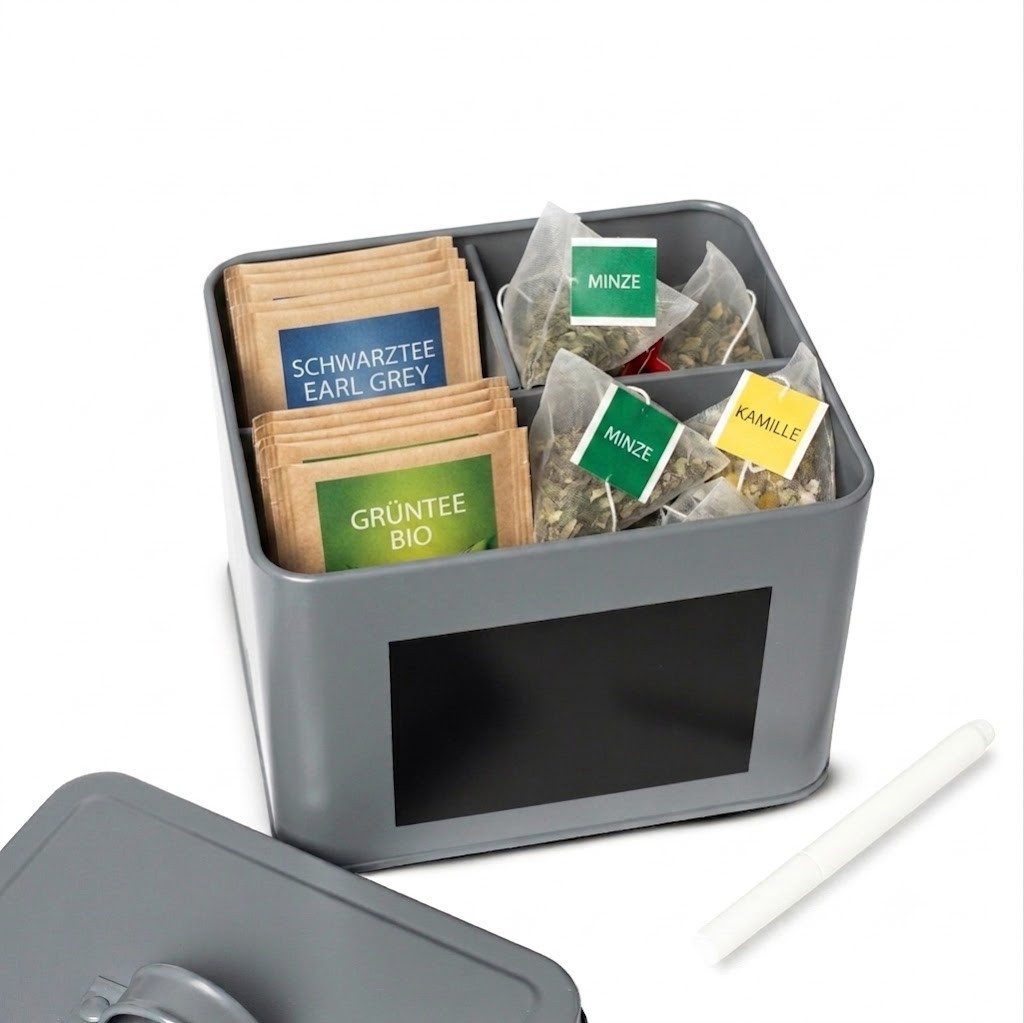 Sendez Teedose mit 3 Fächern, inkl. Deckel & Kreidestift, Metall, grau, (Metall), mit Deckel