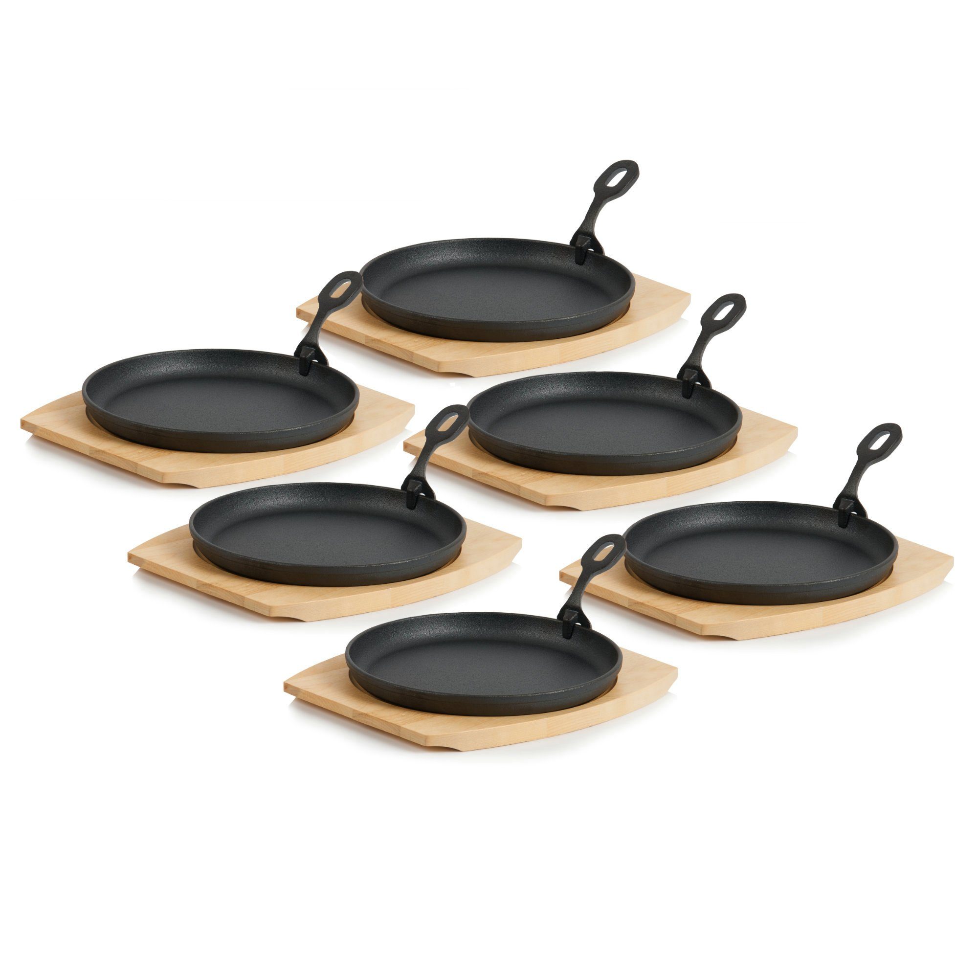 BBQ-Toro Servierpfanne 6er Gusseisen Servierpfännchen-Set, Ø 22 cm, rund, mit Holzbrett, Gusseisen