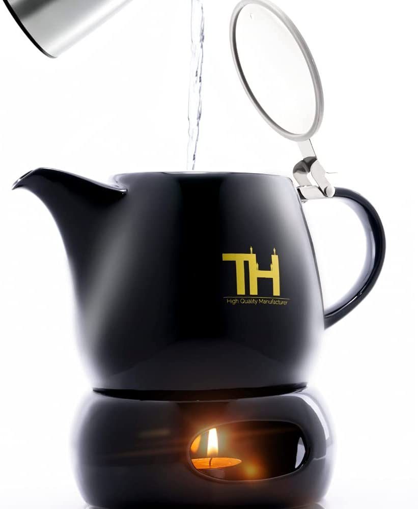 Thiru Teekanne mit Stövchen Porzellan, inkl. Edelstahl Siebeinsatz, 1.2 l, (Hitzebeständiges Porzellan aus Handarbeit), Innovative Mundform für leichtes Ausschenken