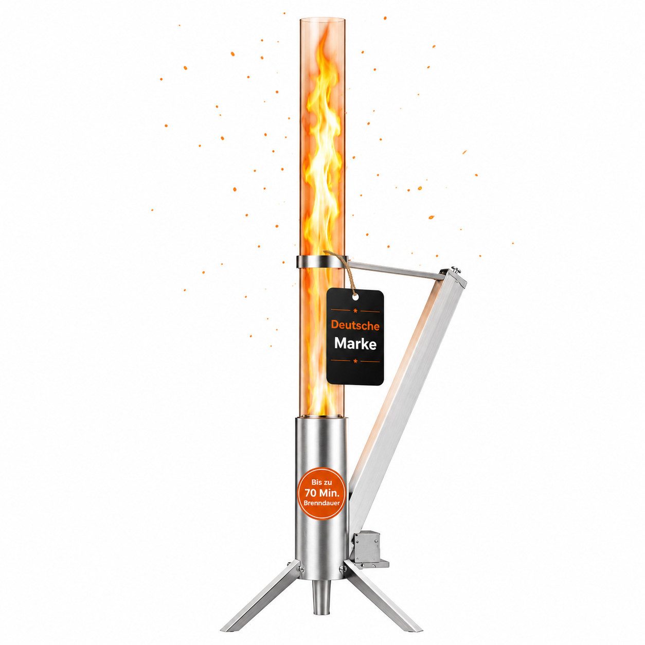 Albatros International Gartenkamin Pelletfackel Edelstahl mit Glasrohr Rocket Stove Outdoor, (inkl. Glasrohr und Standfuß), Rocket Stove System effiziente Verbrennung bis 70 Minuten