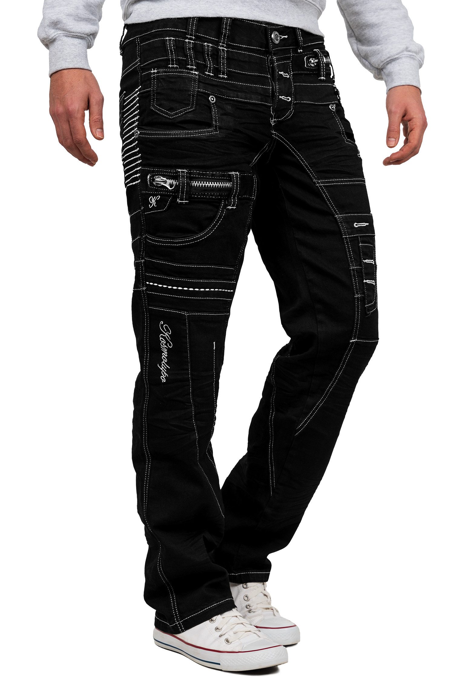 Kosmo Lupo 5-Pocket-Jeans Herren Regular Fit Hose Mid Waist KM020-1 (1-tlg) mit aufgesetzten Applikationen