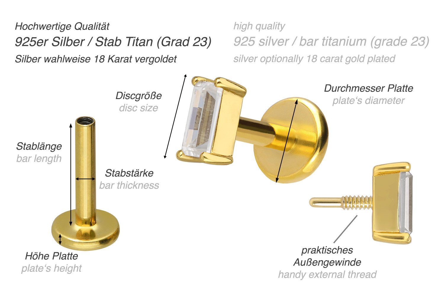 PIERCINGLINE Piercing-Set Titan Labret mit Innengewinde + 925er Silber Aufsatz (Labrets, 1-tlg)