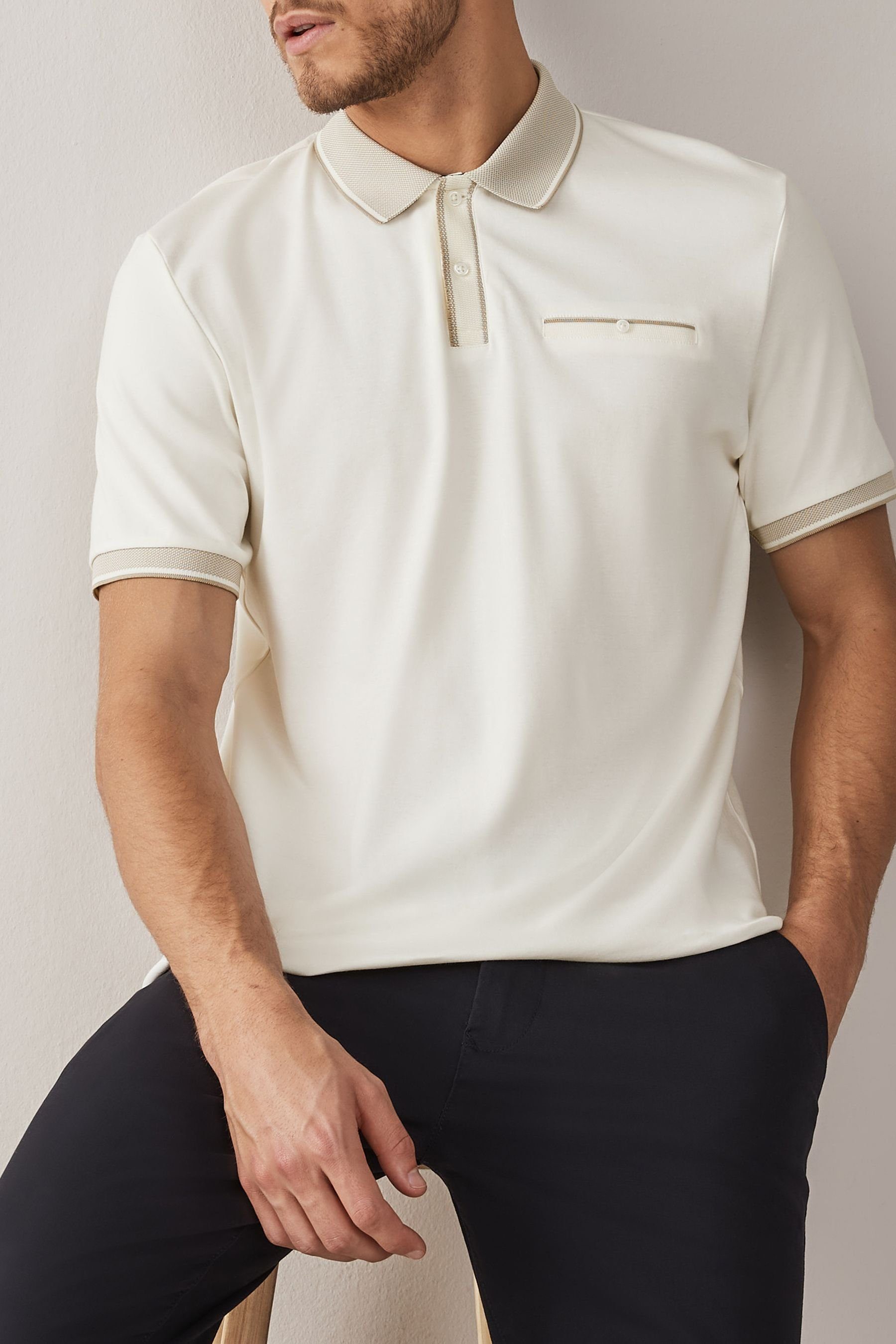 elegantem Polohemd White Kragen mit Ecru Poloshirt Next (1-tlg)