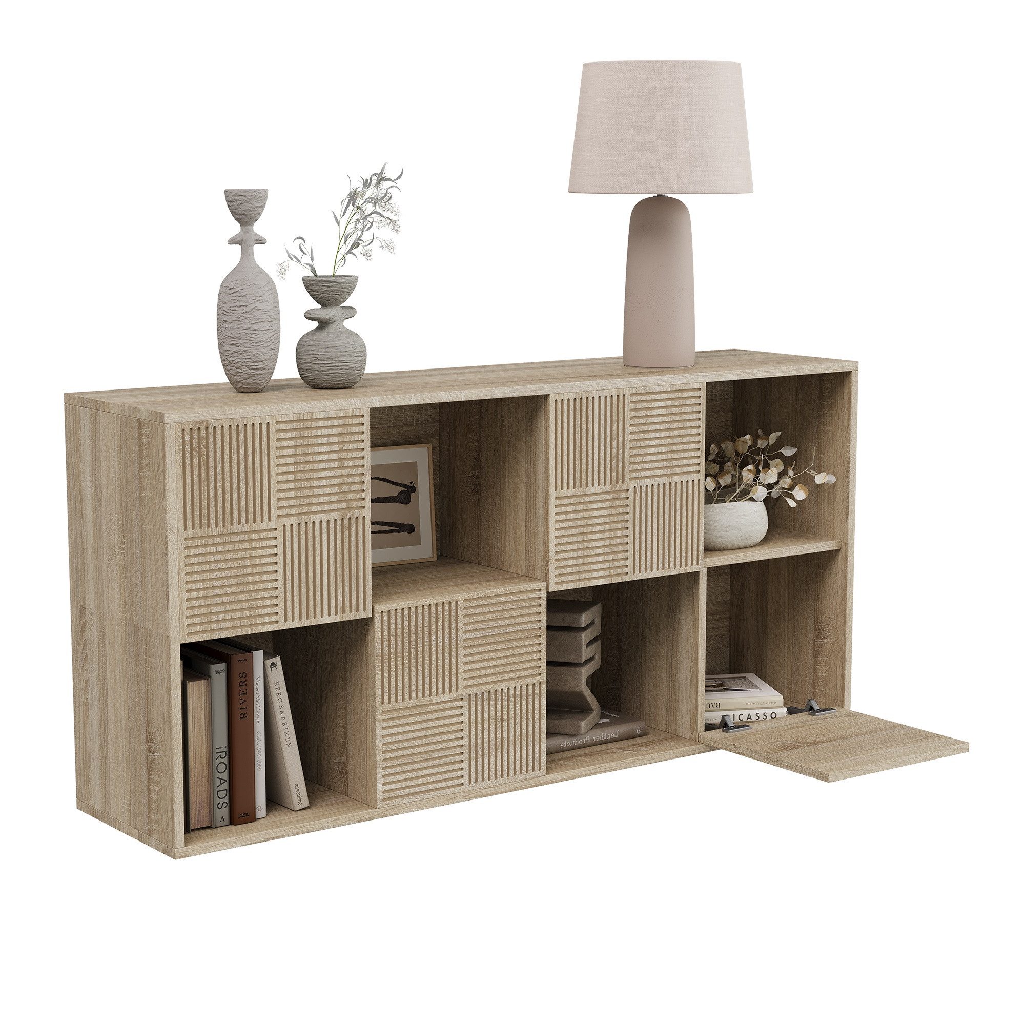 FUROKOY Bücherregal Bücherschrank mit 4 Türen 8 Fächern, für Arbeitszimmer Schlafzimmer Wohnzimmer, 125 x 30 x 60 cm