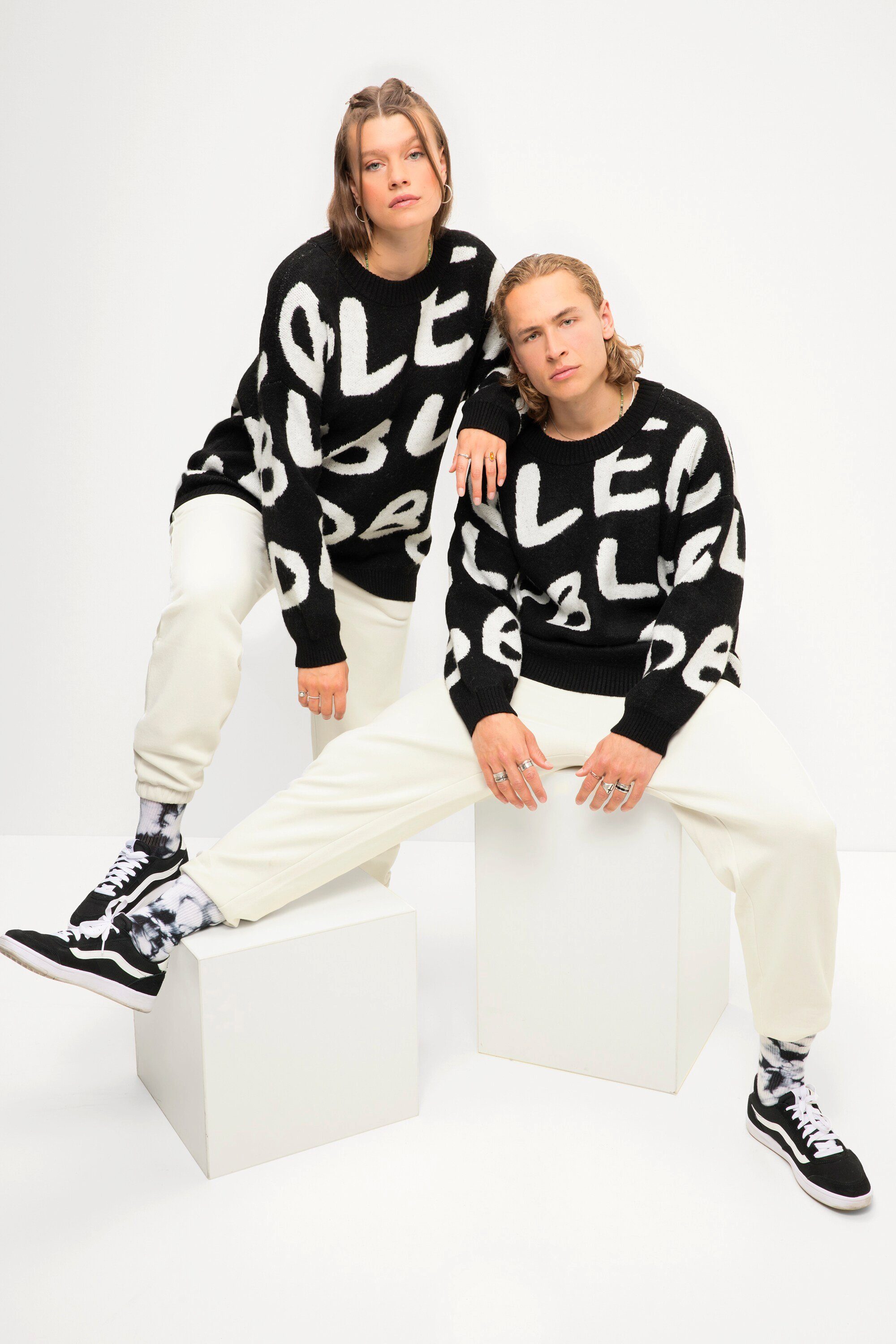 Strickpullover Pullover oversized Jacquardstrick Rundhals Langarm