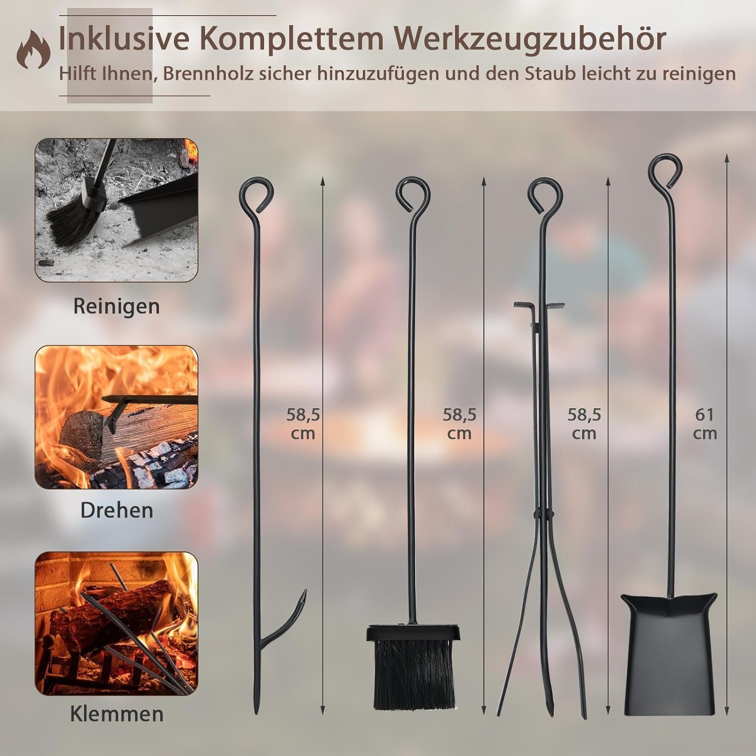 KOMFOTTEU Kaminholzregal abnehmbaren mit & Schaufel 2 Häkchen Metall aus Brennholzregal