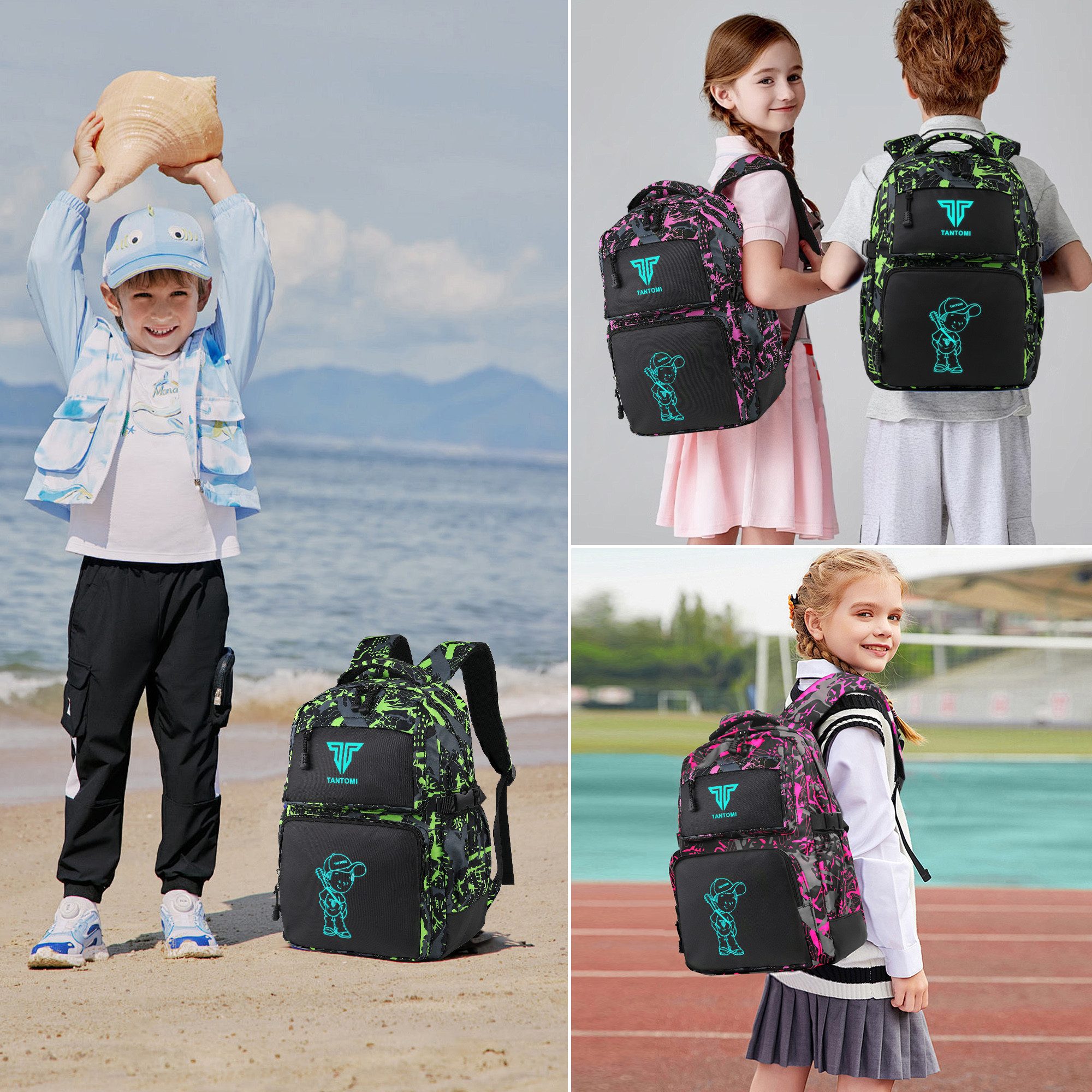 TAN.TOMI Schulrucksack Rucksack Jungen Schulrucksack Mädchen Teenager Jugendliche Daypacks, Kinder Reflektierender Schultasche Outdoor Camping Groß Schulranzen