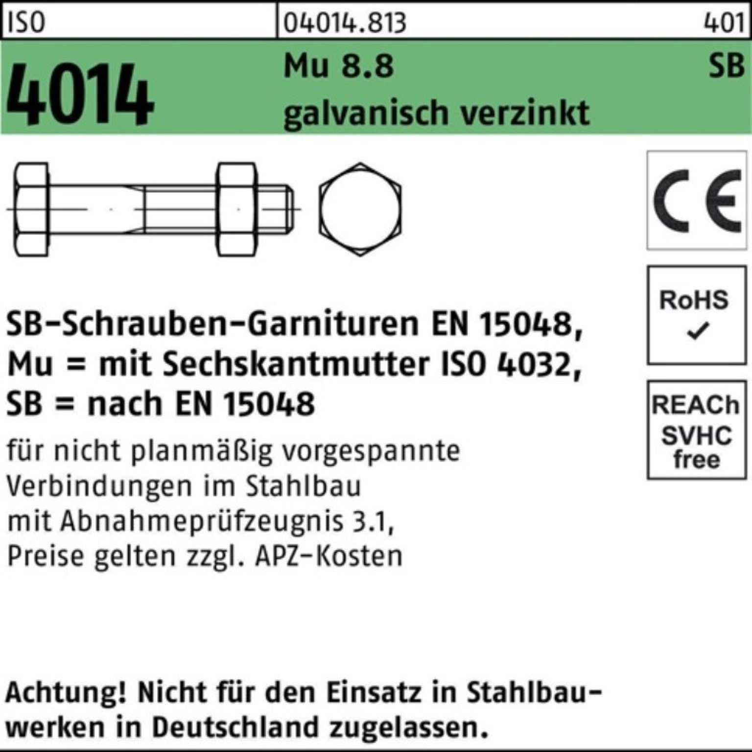 Bufab Sechskantschraube 100er Pack Sechskantschraube ISO 4014 Schaft/Mutter M12x55 Mu 8.8 galv