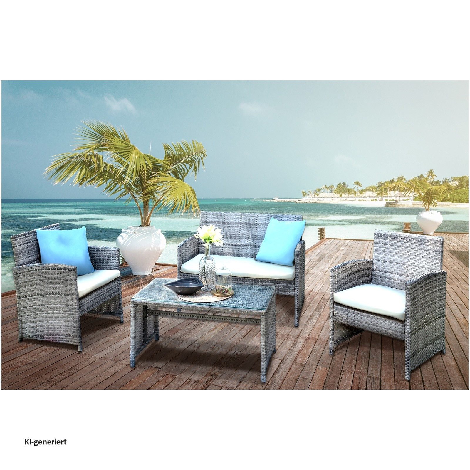 HTI-Living Gartenlounge-Set Outdoor Sofa mit Stühlen und Tisch, (Set, 4-tlg., 1x 2-Sitzer, 2x Sessel, 1x Tisch, inkl. Auflagen), Loungemöbel Gartenmöbel Terrassenmöbel