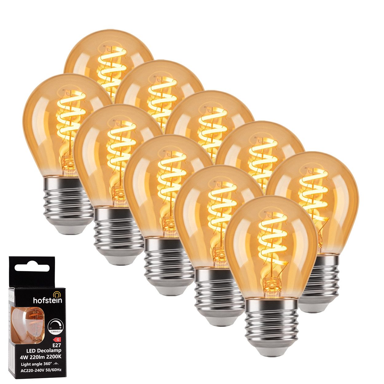 hofstein LED-Leuchtmittel 10er Set Glühbirne Extra Warmweiß dimmbar 4 Watt, E27, 2200 Kelvin, 220 Lumen, Kerze, Filament Spirale, Amber