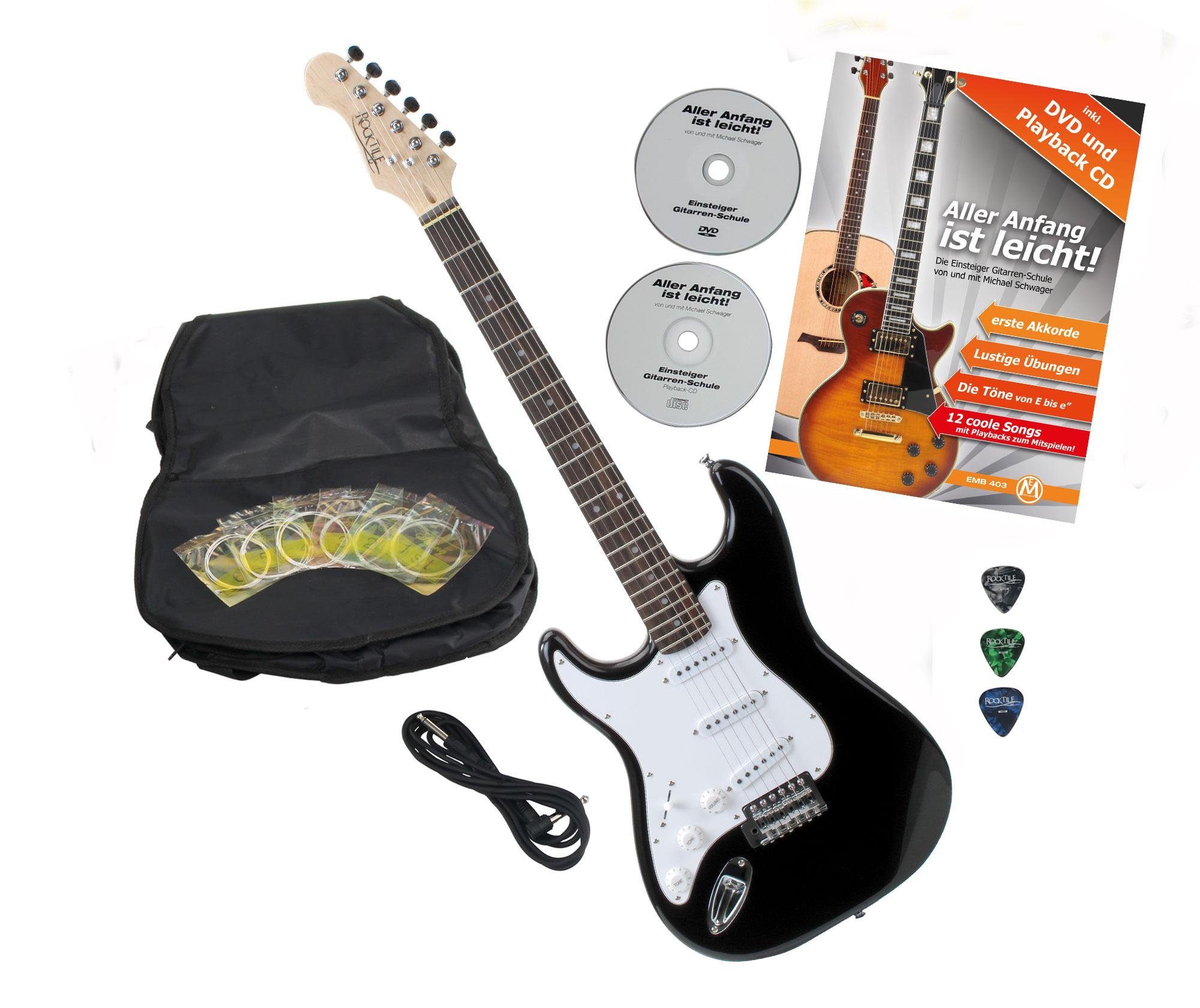 Rocktile E-Gitarre Pro ST3 Linkshänder elektrische Gitarre, ST-Sytle, Spar-Set, inkl. Gigbag, Kabel, Plektren, Schule & Saiten, Lefty Gitarre - 3 Single Coil Tonabnehmer - 22 Bünde