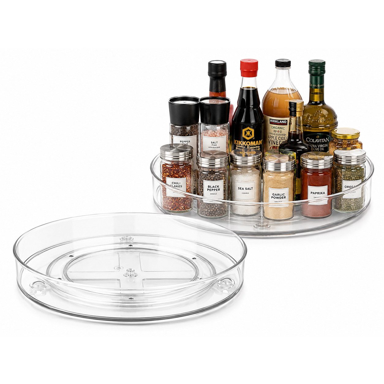 Vornix Gewürzregal 360° Drehbar Multifunktionales Drehteller Organizer,2er-Set, 23,5 cm und 27 cm, zwei Größen, rutschfest und vielseitig einsetzbar, Küchenaufbewahrungsregal, drehbares Aufbewahrungsregal, rundes Gewürzregal, geeignet für Küchenschränke und Kühlschränke, drehbares Tablett-Aufbewahrungsregal für den Kühlschrank, 2er-Set, um 360° drehbares Aufbewahrungsregal, platzsparendes Küchenregal