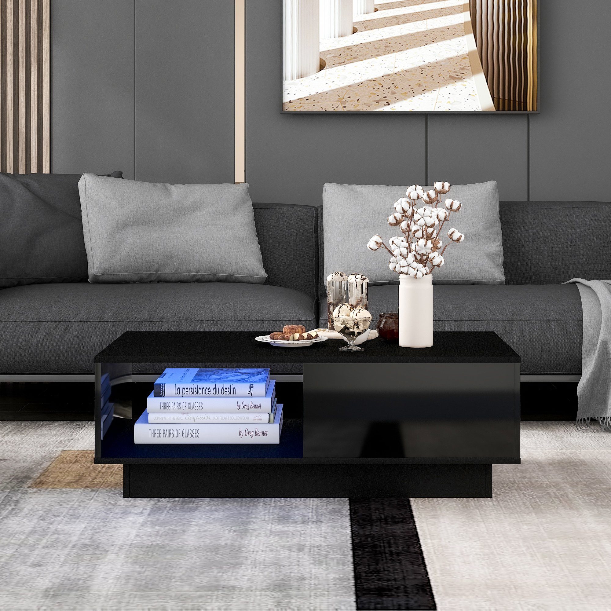 Merax Couchtisch inkl. Fernbedienung, Farben 15 Schwarz großen mit und mit hochglanz Wohnzimmertisch Stauraum LED-Beleuchtung Schublade