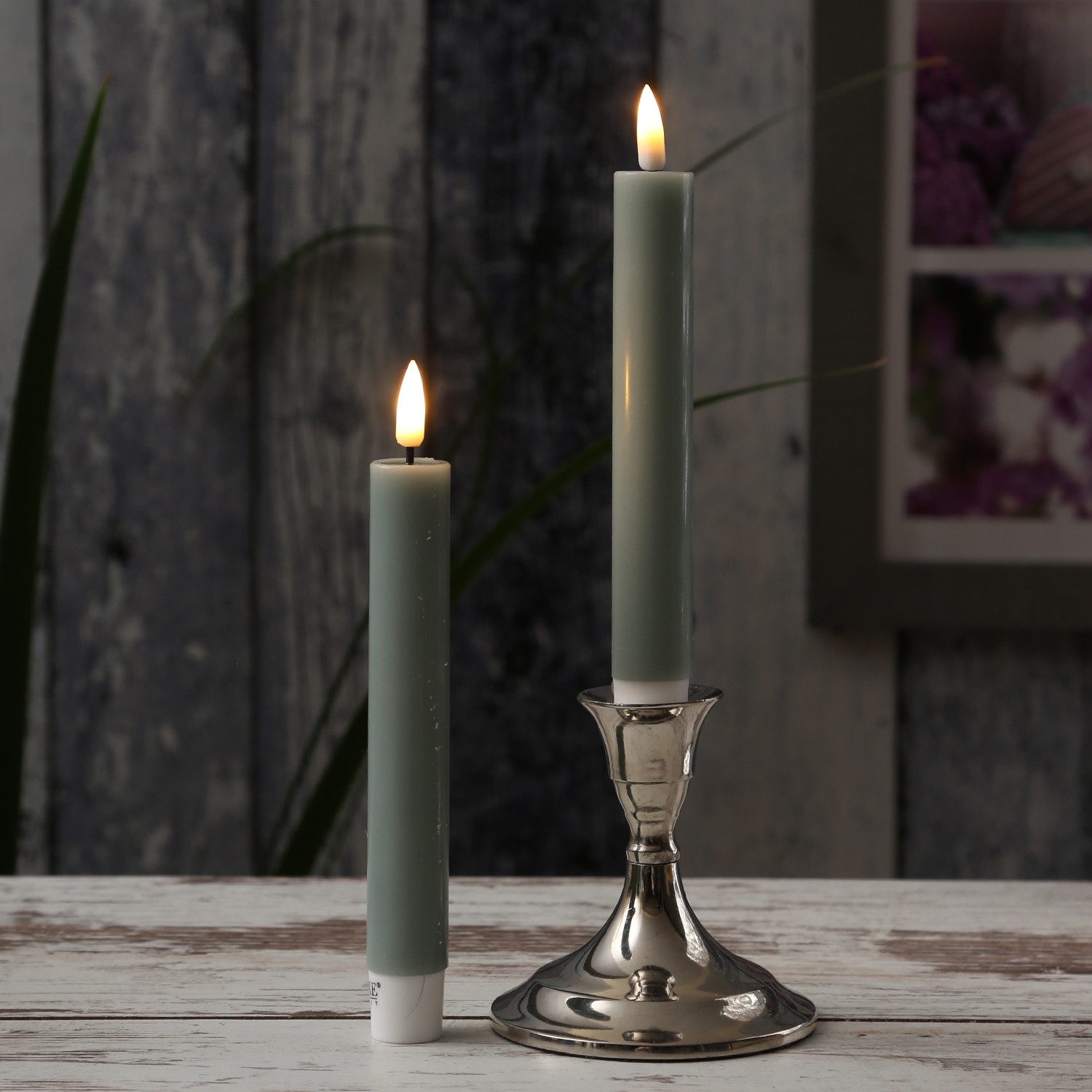 Deluxe Homeart LED-Kerze LED Stabkerzen Mia Dinner Tafelkerzen Echtwachs H: 15cm salbeigrün 2St (2-tlg)