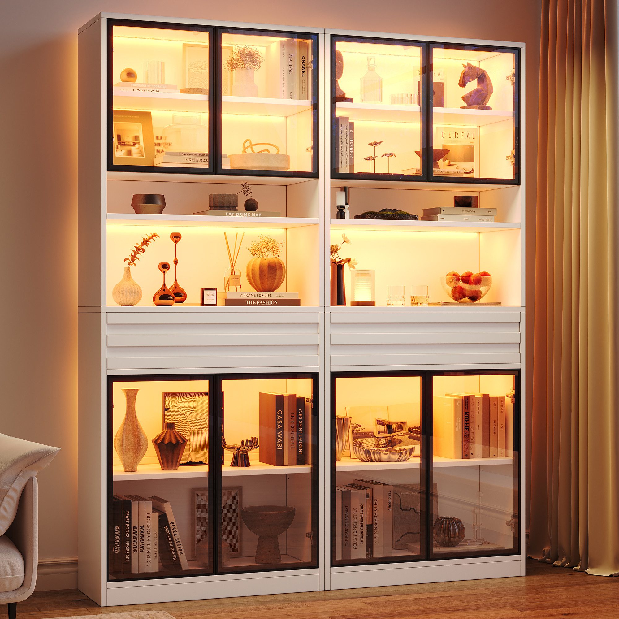 Merax Glasvitrine mit RGB LED-Beleuchtung inkl. App-Steuerung, 80 L x 35 B x 200 H cm (2-St., Wohnzimmerschrank Bücherschrank Ausstellungsschrank) Vitrine Hochschrank mit 4 Glastüren, Schublade & Stauraum