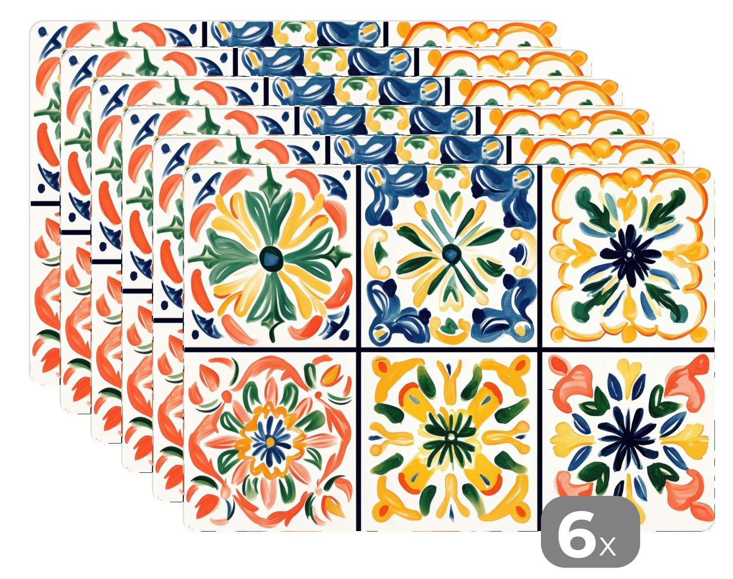 MuchoWow Platzset Spanisch - Kacheln - Keramik - Blumen, (6-St), Platzsets, Tischset, Abwaschbar, Tischsets, Platzdeckchen