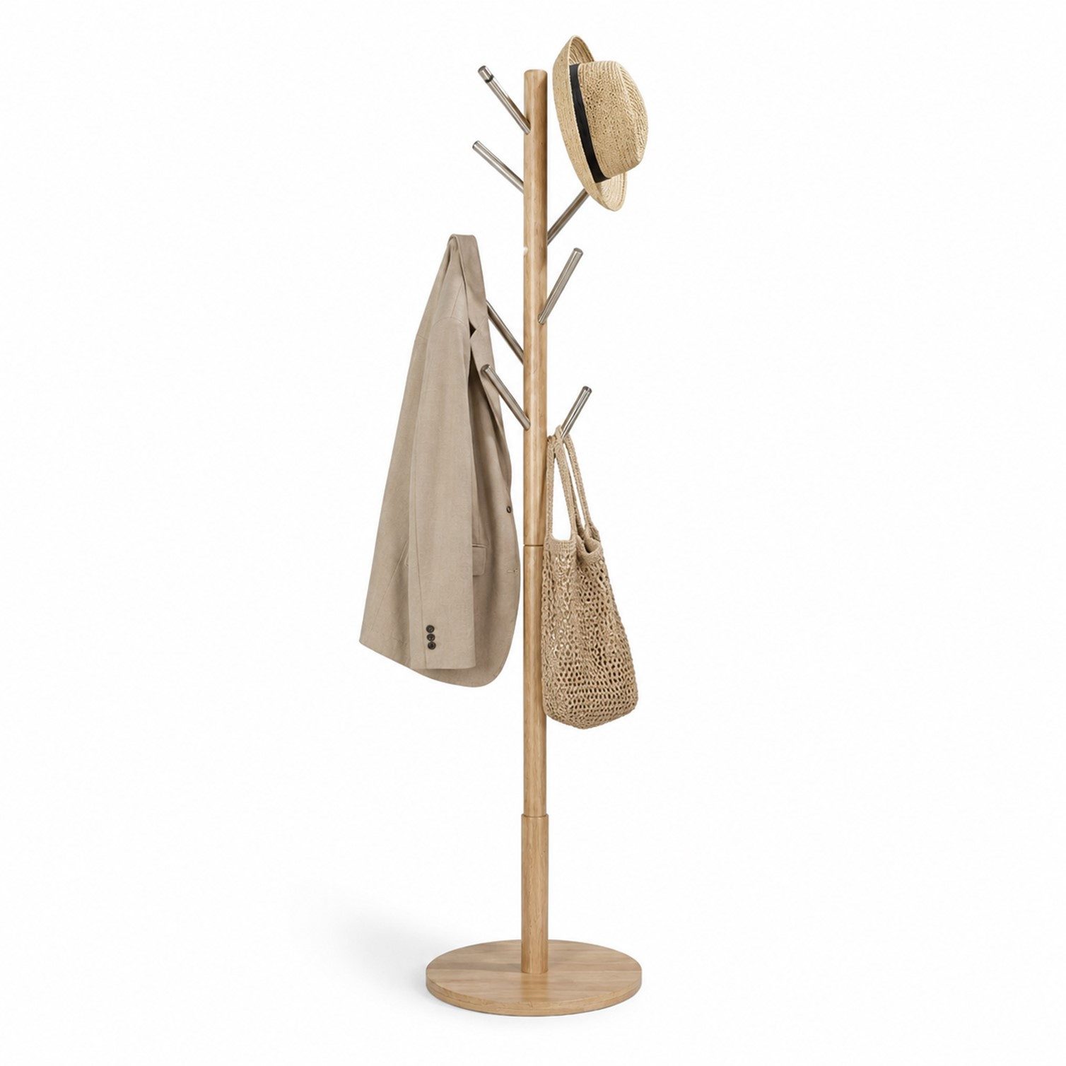 HOOZ Garderobenständer Standgarderobe Bambus inkl. 8 Metallhaken freistehender Kleiderständer, (Einzelartikel, 1 St., Einzelner Garderobenständer mit 8 Kleiderhaken), Platzsparende Bambus Garderobe mit modernem Design & 8 Haken