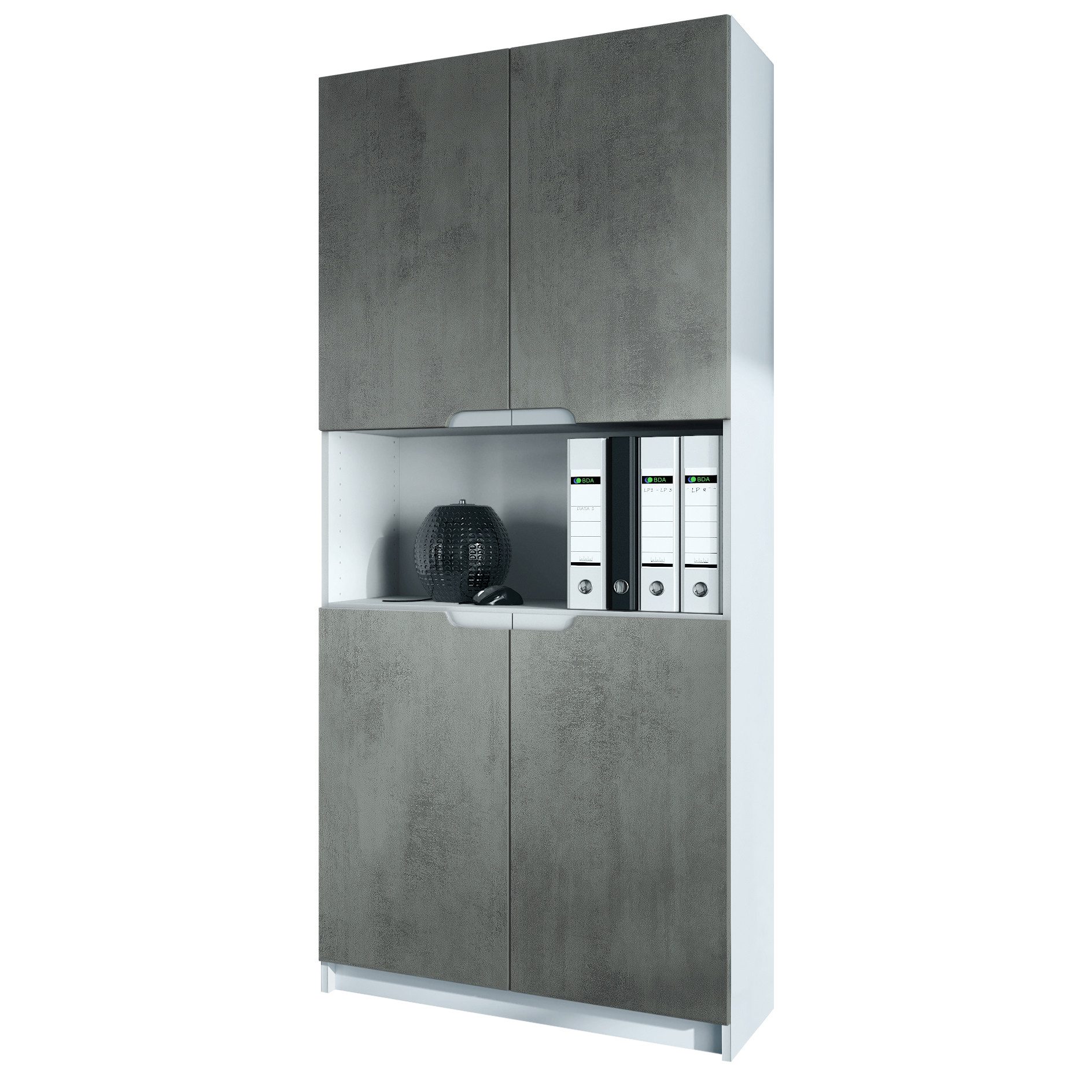 Vladon Aktenschrank Logan (Aktenschrank, mit 5 Fächern und 4 Türen) Weiß matt/Beton Dunkel Optik (82 x 184 x 37 cm)