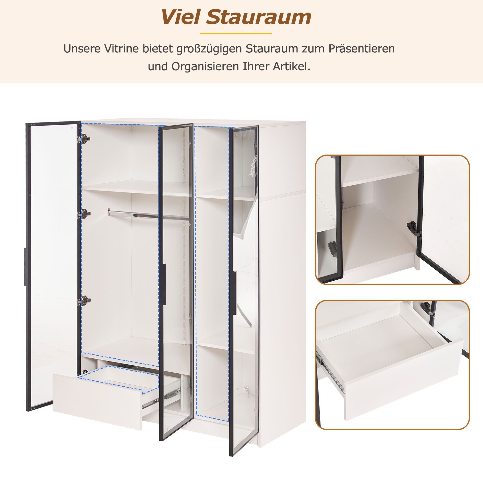 Merax Kleiderschrank Hochschrank, Vitrine mit Glastüren und LED,Drehtürenschrank,Wäscheschrank,Garderobe – Bild 3 von 5