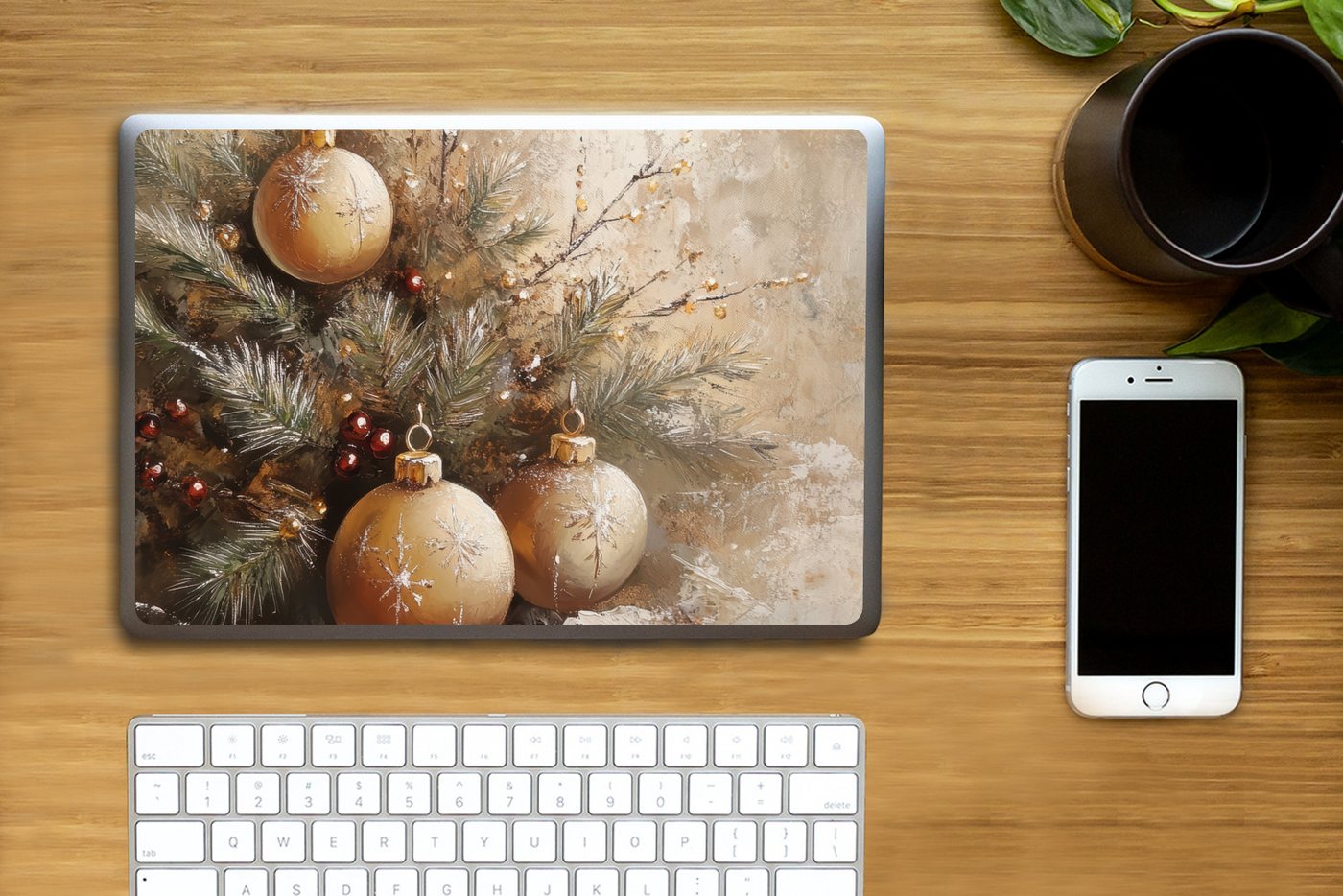 Thumbnail - MuchoWow Laptop-Aufkleber Weihnachten - Kugeln - Beige - Gold, (1tlg), Laptop Folien Cover, Aufkleber, Sticker, Schutz v...