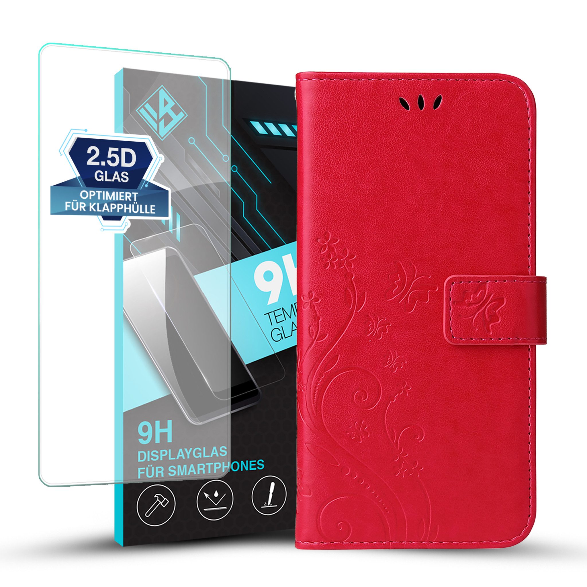 Tec-Expert Handyhülle Cover Tasche Hülle für Motorola Moto G14 6.5 Zoll, 6.5", Klapphülle Case mit Kartenfach, Motiv Blumen, mit Schutzglas