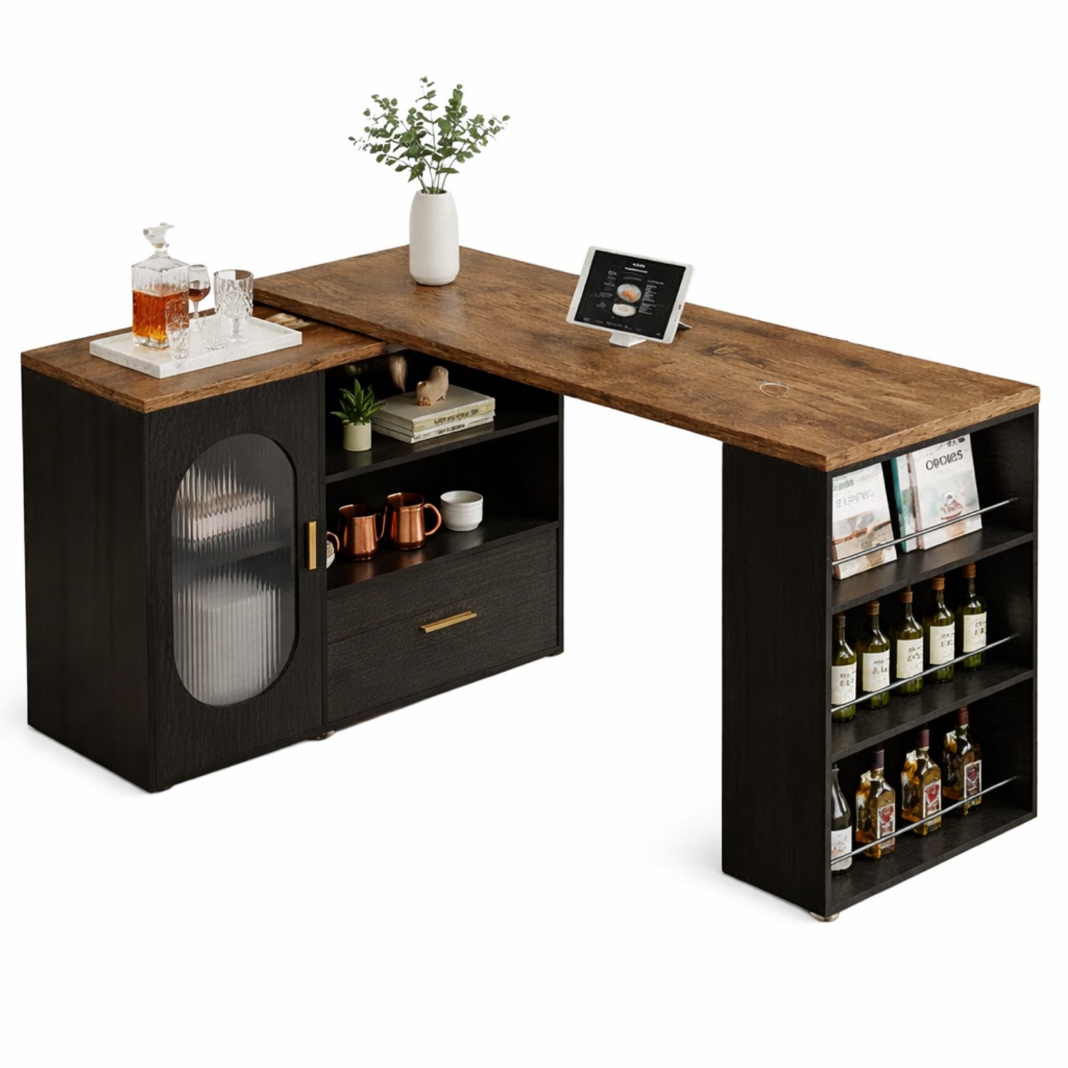 mukuhi Kücheninsel 360° drehbar mit Stauraum erweiterbar L Form, multifunktional,rollbar