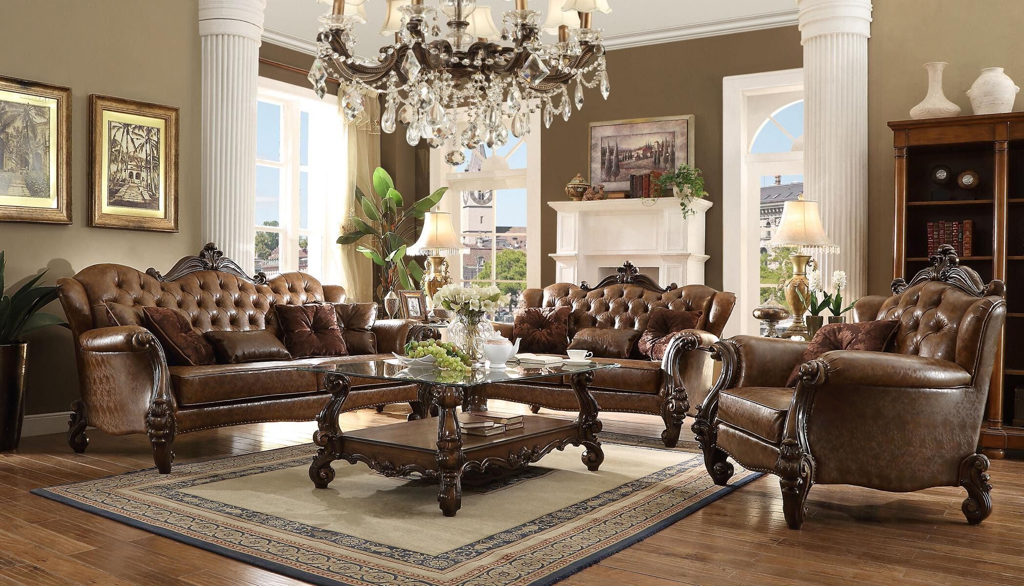 Wohnzimmer-Set Traditionelle Dunkelbraune Sofa-Kombination 3+2+1 Sitzmöbel Set