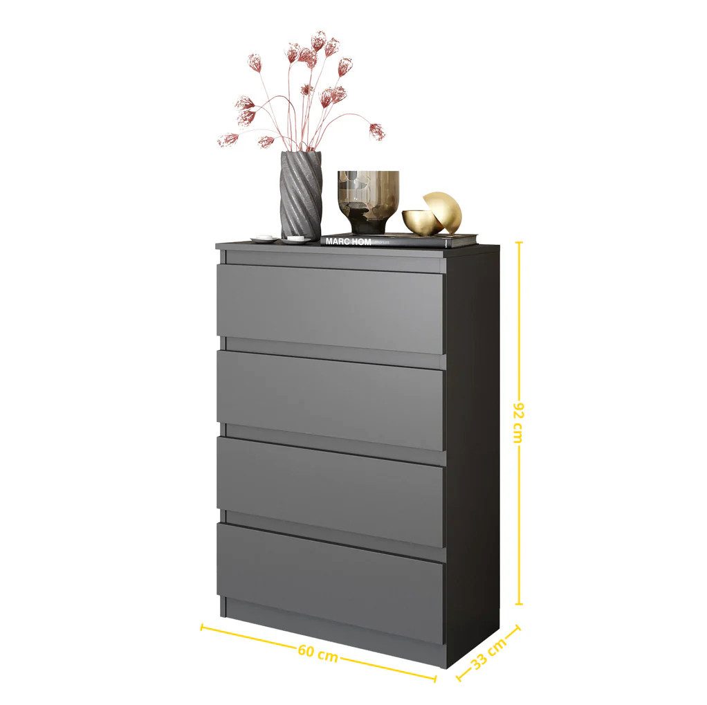 Furnica Kommode Anthrazit Kommode 60 cm mit 4 Schubladen- Wohn - und Schlafzimmer