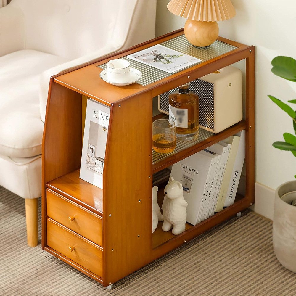 TUWENA Beistelltisch Beistelltisch mit Rollen, Couchtisch Schublade, Nachttisch Stubentisch, Bambus Sofatisch für Wohnzimmer, Schlafzimmer, Balkon, 70x30x60 cm