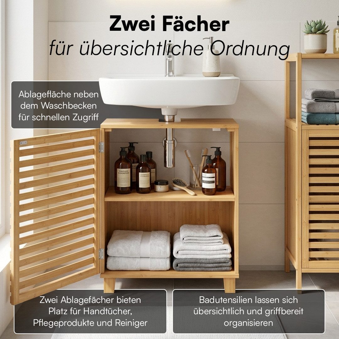 Bellamio Waschbeckenunterschrank Newa, Badezimmerschrank mit zwei Ablagefächern (mit Flügeltüren, 1-St) aus natürlichem Bambus, robst und langlebig – Bild 3 von 5