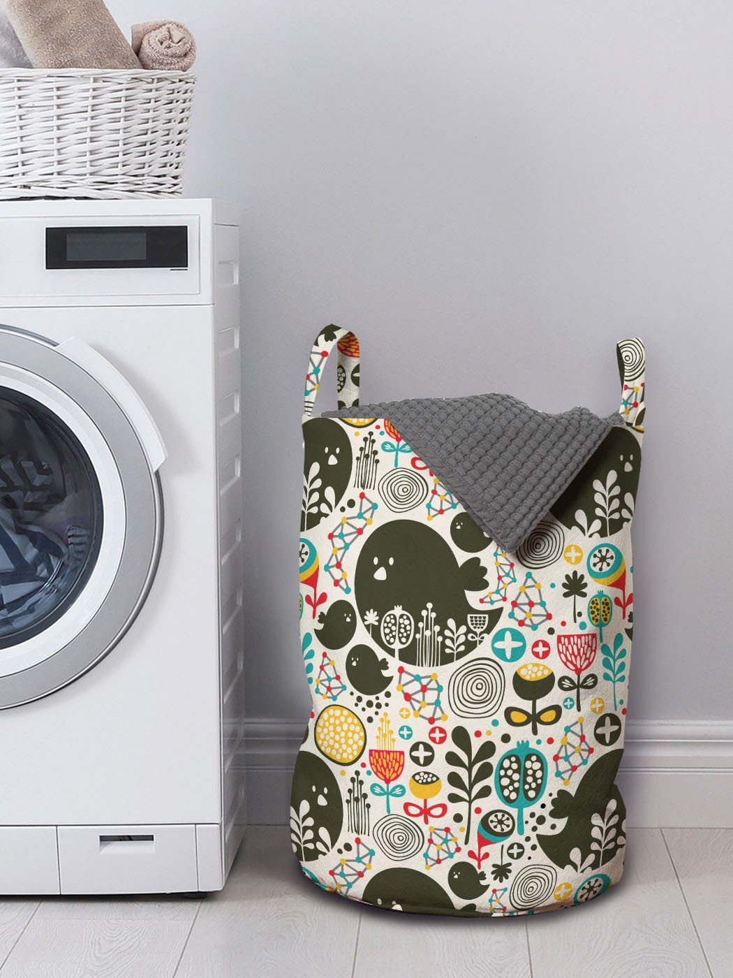 Waschsalons, Wäschesäckchen für Griffen Blumen Kunst Vögel Shapes Wäschekorb Abakuhaus mit Kordelzugverschluss