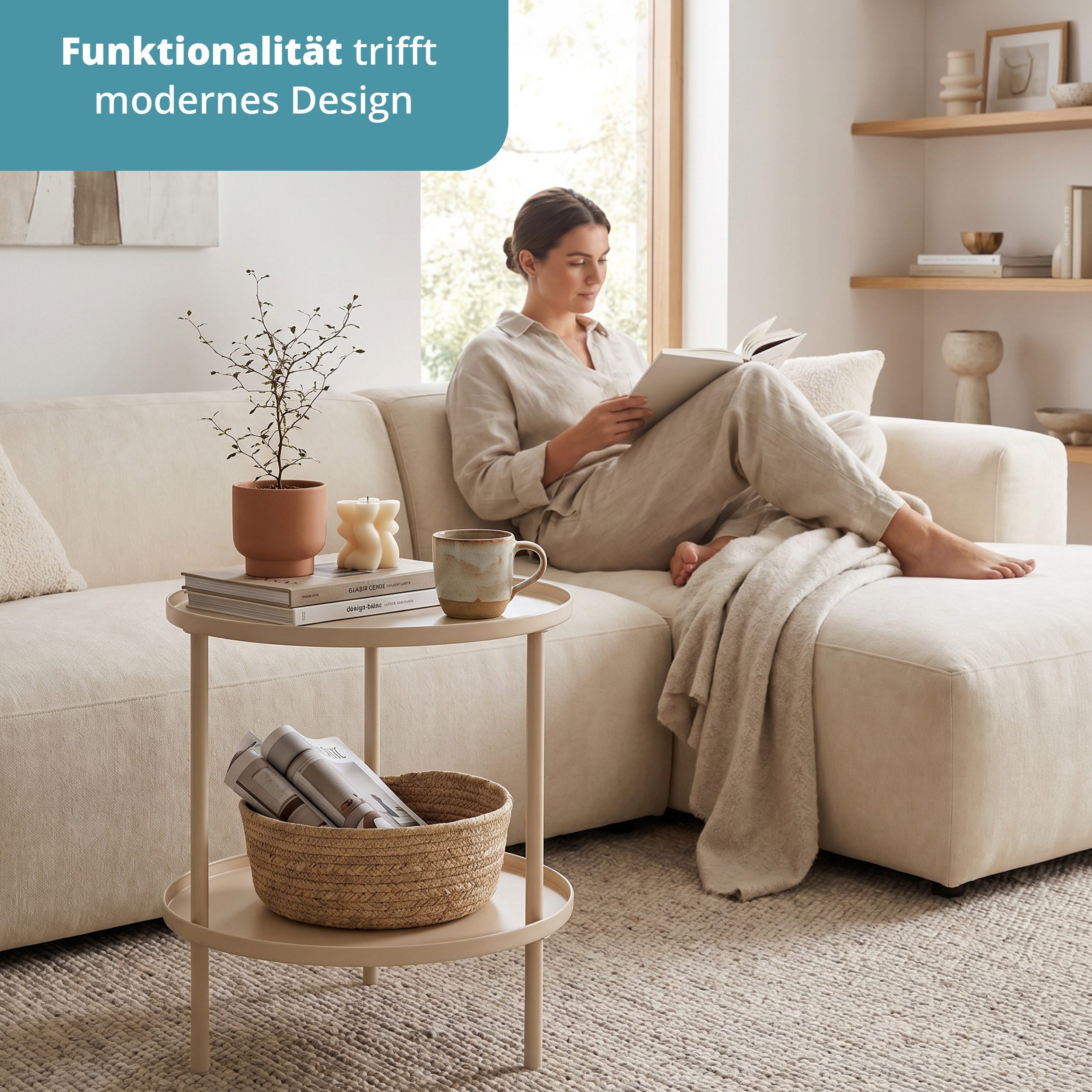 KHG Beistelltisch Rund Beige Ø 41 cm moderner Sofatisch elegant (Dekorative Ablage für Getränke, Bücher oder Wohnaccessoires, platzsparend, modern und vielseiti – Bild 3 von 5