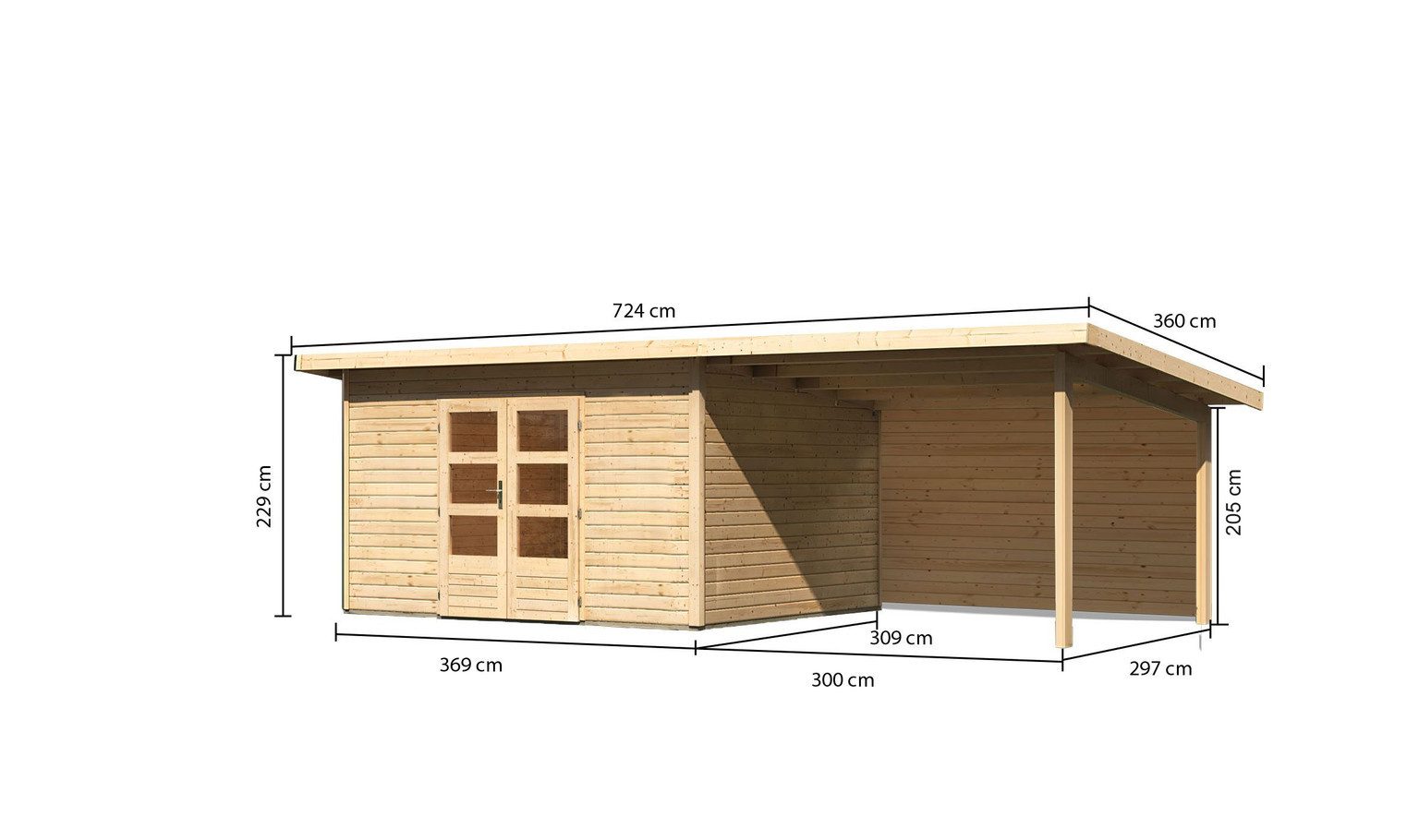 Karibu Gartenhaus Karibu Gartenhaus Northeim, 38 mm, 724 x 332 cm, Typ 4, natur, inkl. 3,3 m Anbaudach mit Rückwand