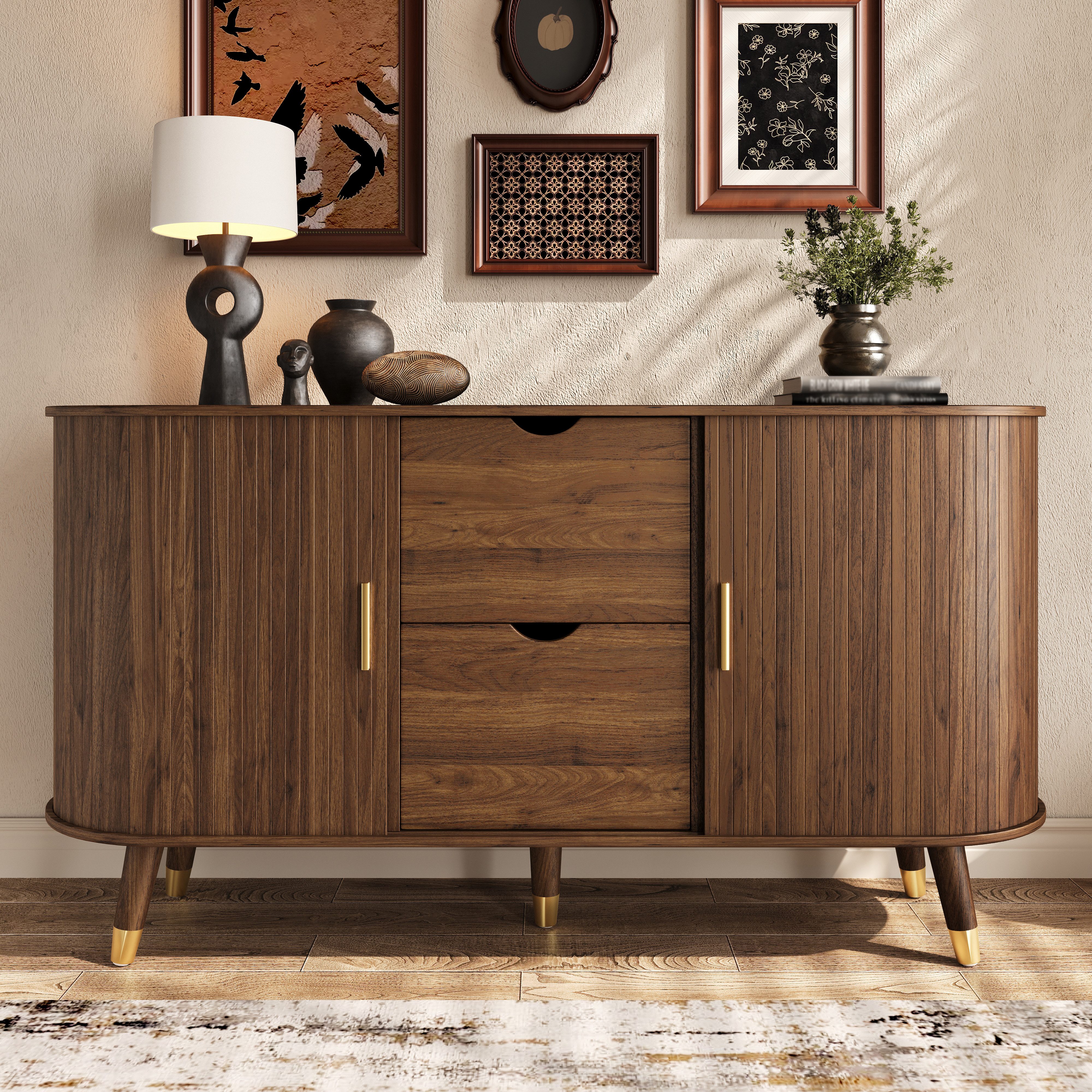 MODFU Sideboard 140x79,5x40 cm Wohnzimmer-Sideboard in vertikaler Maserung (Packung, 1 St., Praktisch mit Schiebetüren und Massivholzbeinen), Abgerundeter Eckschrank mit zwei Schubladen