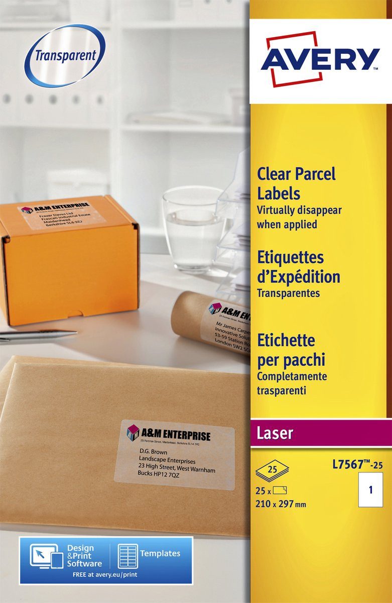 AVERY Etiketten Printeretiketten Transparante Adresetiketten, Laser, 25 Stück