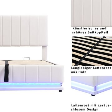 PHOEBE CAT Boxspringbett (LED Hydraulisches Bett mit Bettkasten und Lattenrost), Polsterbett Stauraumbett 140x200 cm, Kunstleder