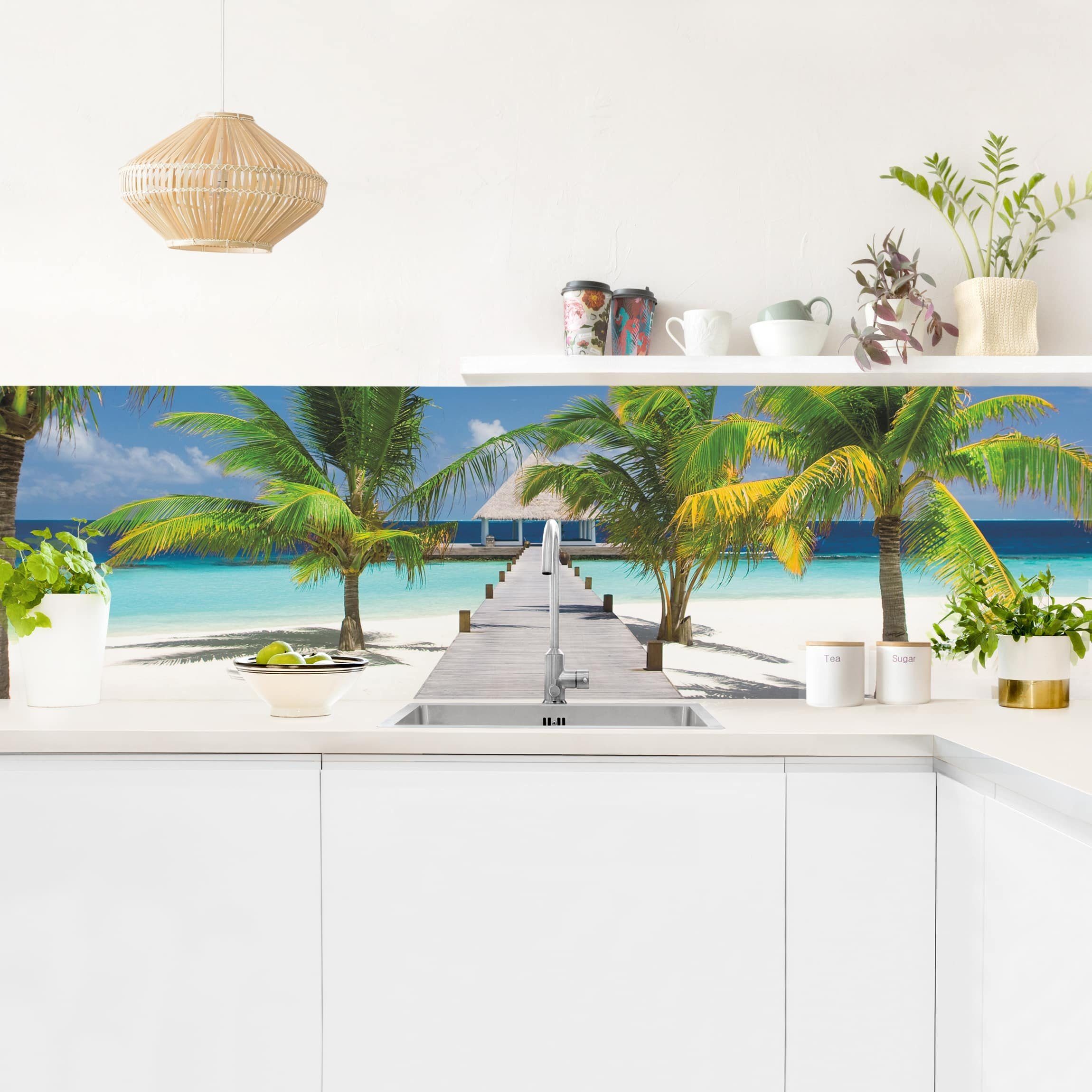 Bilderdepot24 Küchenrückwand blau dekor Botanik Tropisch Natur Strand Meer Catwalk to Paradise, (1-tlg., Nischenrückwand - für Fliesenspiegel ohne Bohren - matt), Spritzschutz Rückwand Küche Herd - Folie selbstklebend versch. Größen