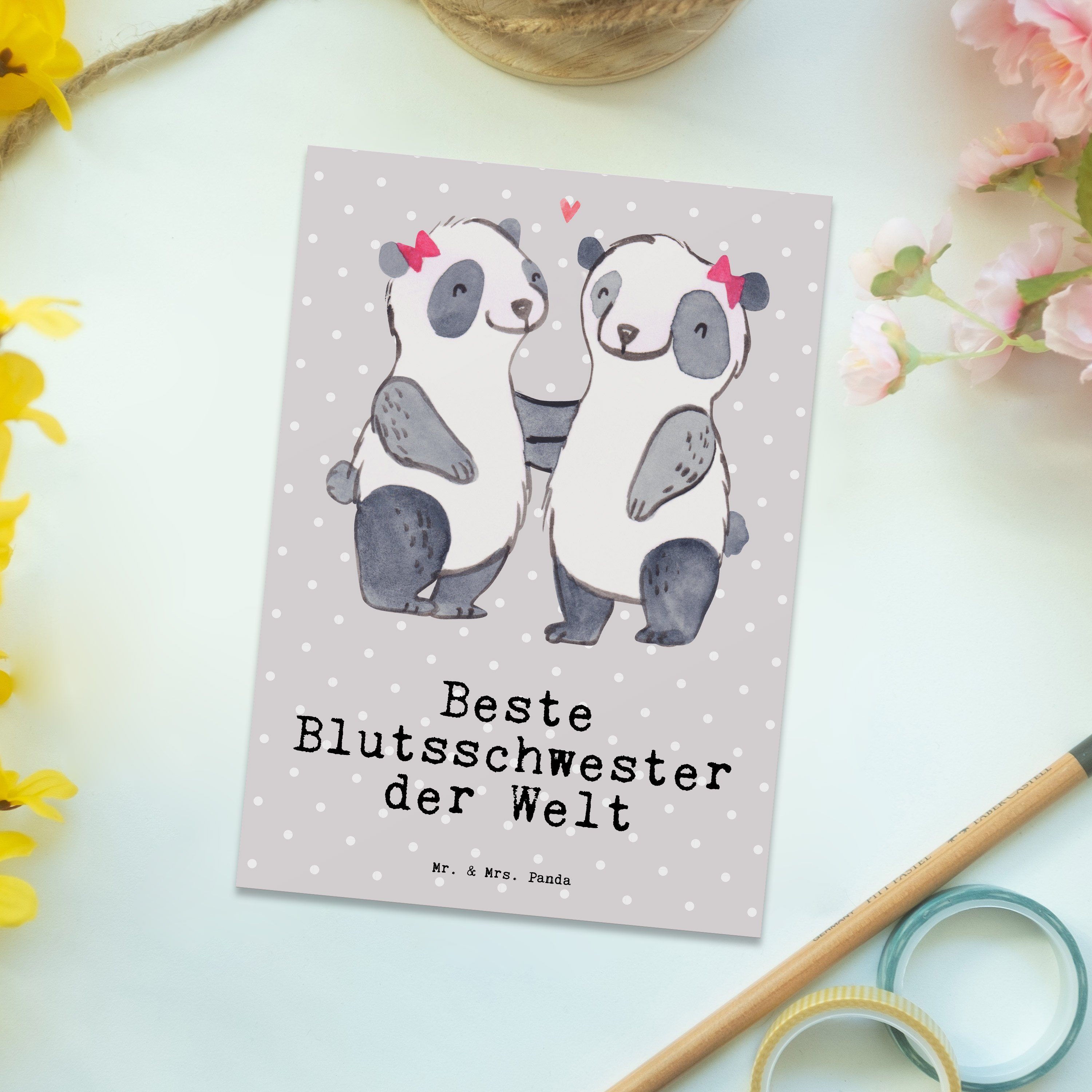 Mr. & Mrs. Pastell Geburt der Geschenk, Panda Postkarte Blutsschwester - Grau - Panda Beste Welt
