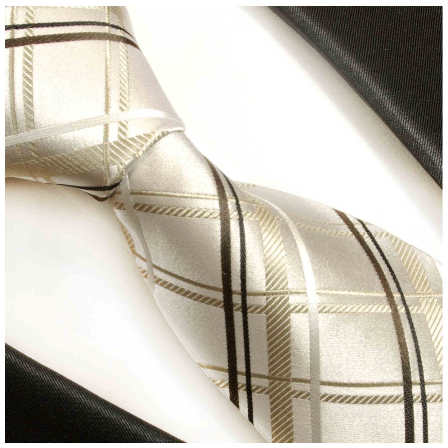 Paul Malone Krawatte Herren 100% 2-St., Breit (8cm), Seidenkrawatte ivory Einstecktuch) modern Krawatte Seide Tuch (Set, gestreift 943 und braun mit