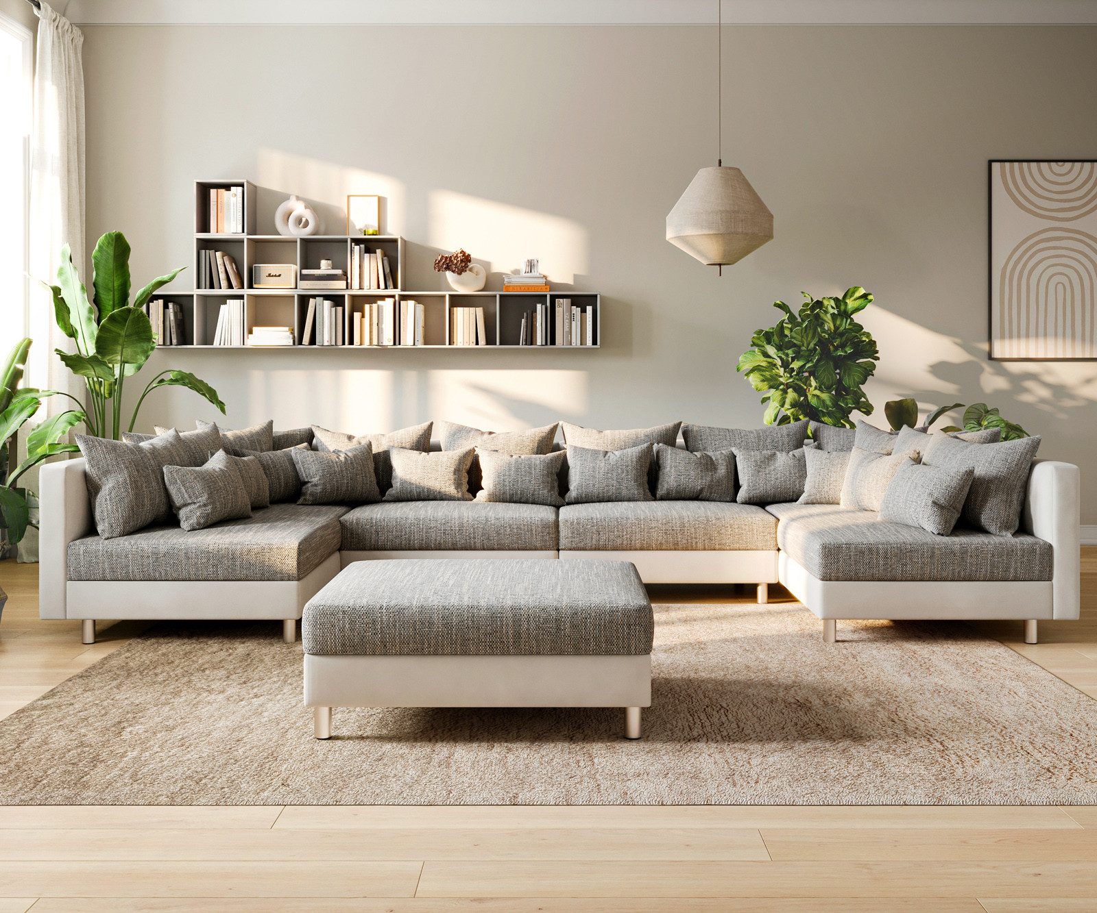 DELIFE Wohnlandschaft Clovis, XL Weiss Hellgrau mit Hocker Wohnlandschaft m günstig online kaufen